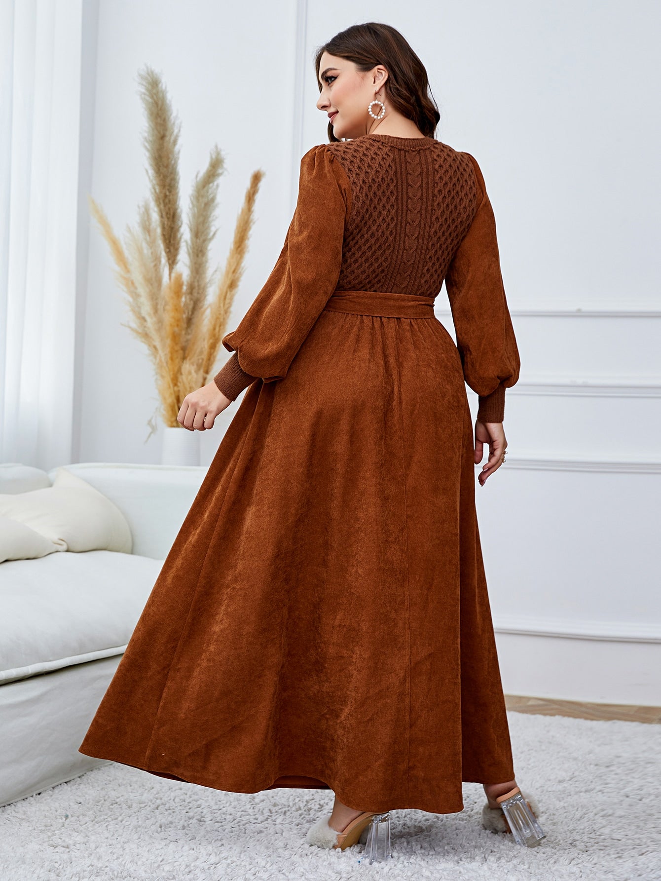 Give Thanks Plus Lantern Sleeve Belted Dress