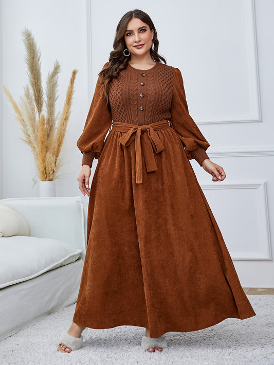 Give Thanks Plus Lantern Sleeve Belted Dress