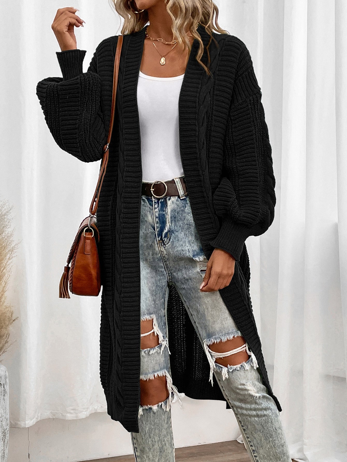 Keep It Up Cable Knit Bishop Sleeve Duster Cardigan