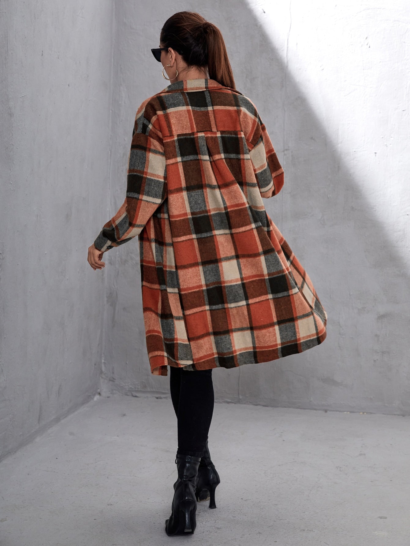 Plaid Flap Pocket Drop Shoulder Coat