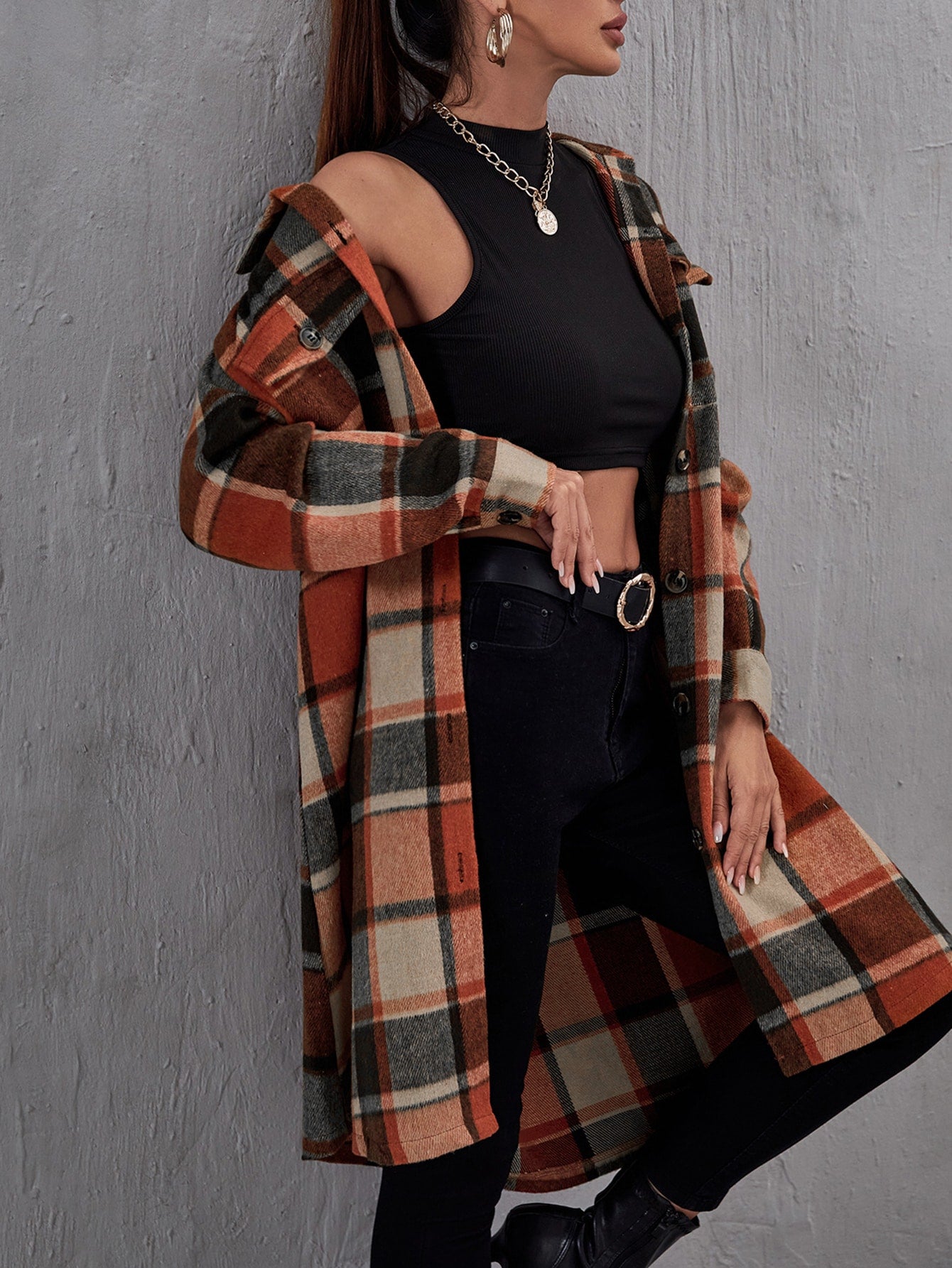 Plaid Flap Pocket Drop Shoulder Coat