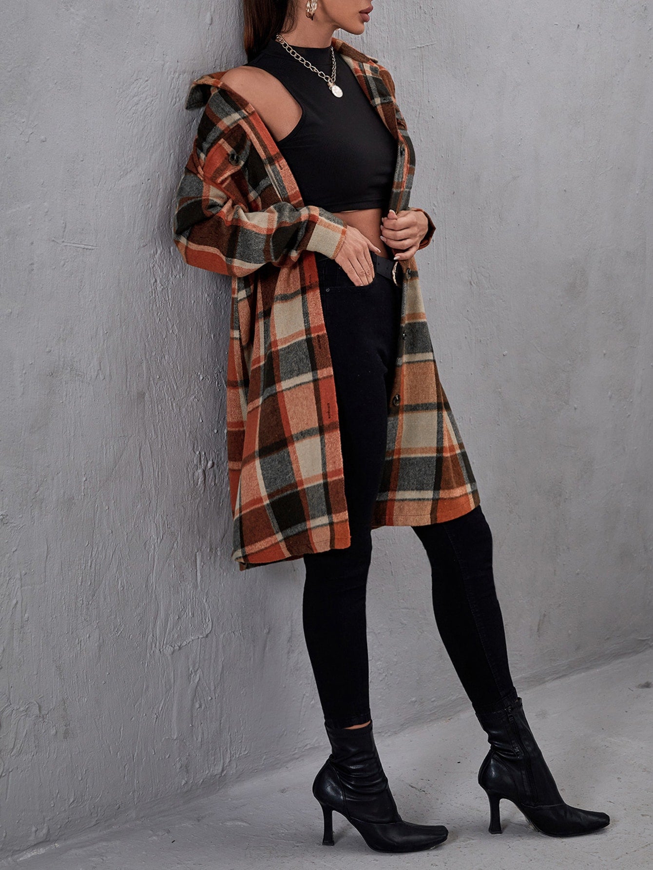 Plaid Flap Pocket Drop Shoulder Coat