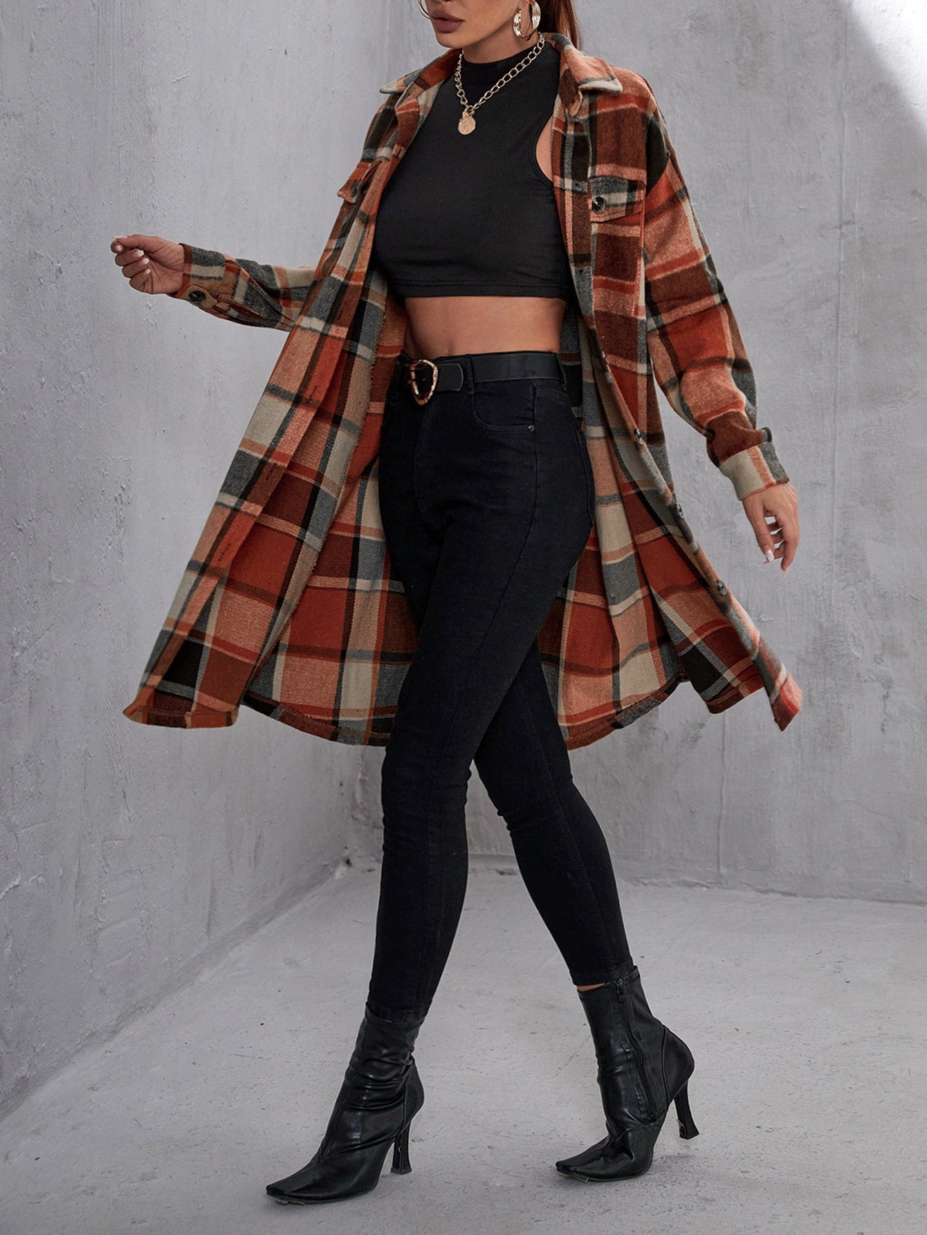 Plaid Flap Pocket Drop Shoulder Coat