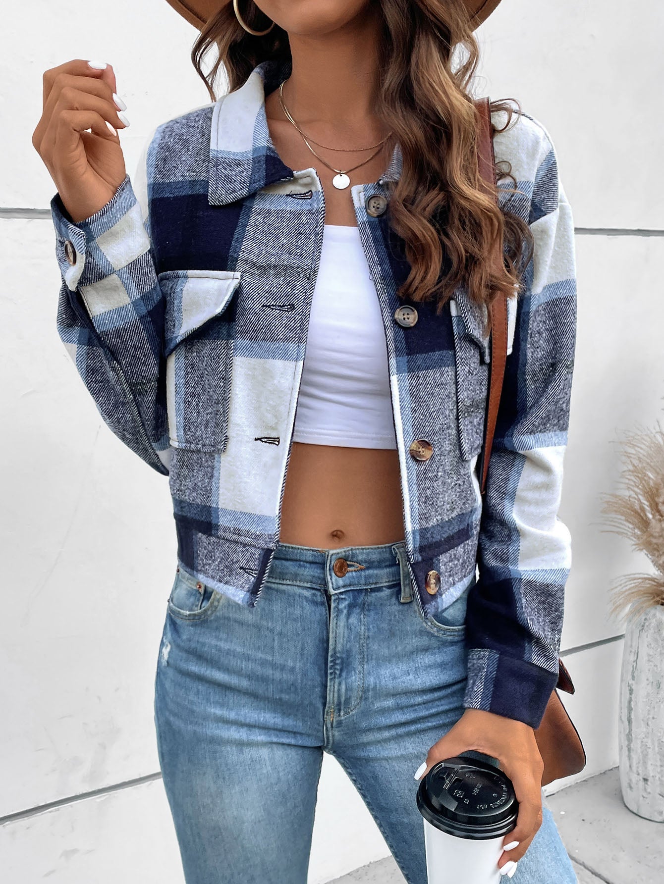 Plaid Print Flap Pocket Crop Jacket