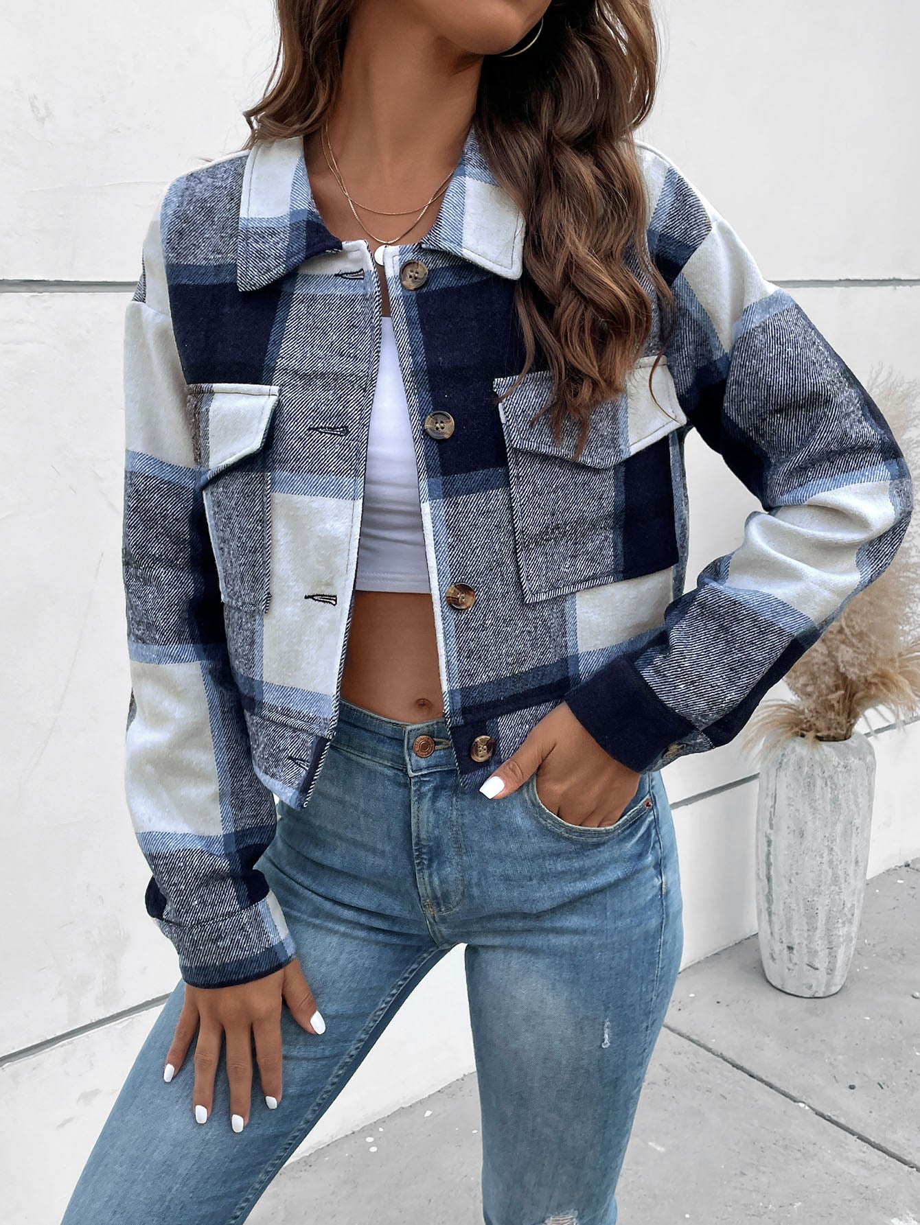 Plaid Print Flap Pocket Crop Jacket