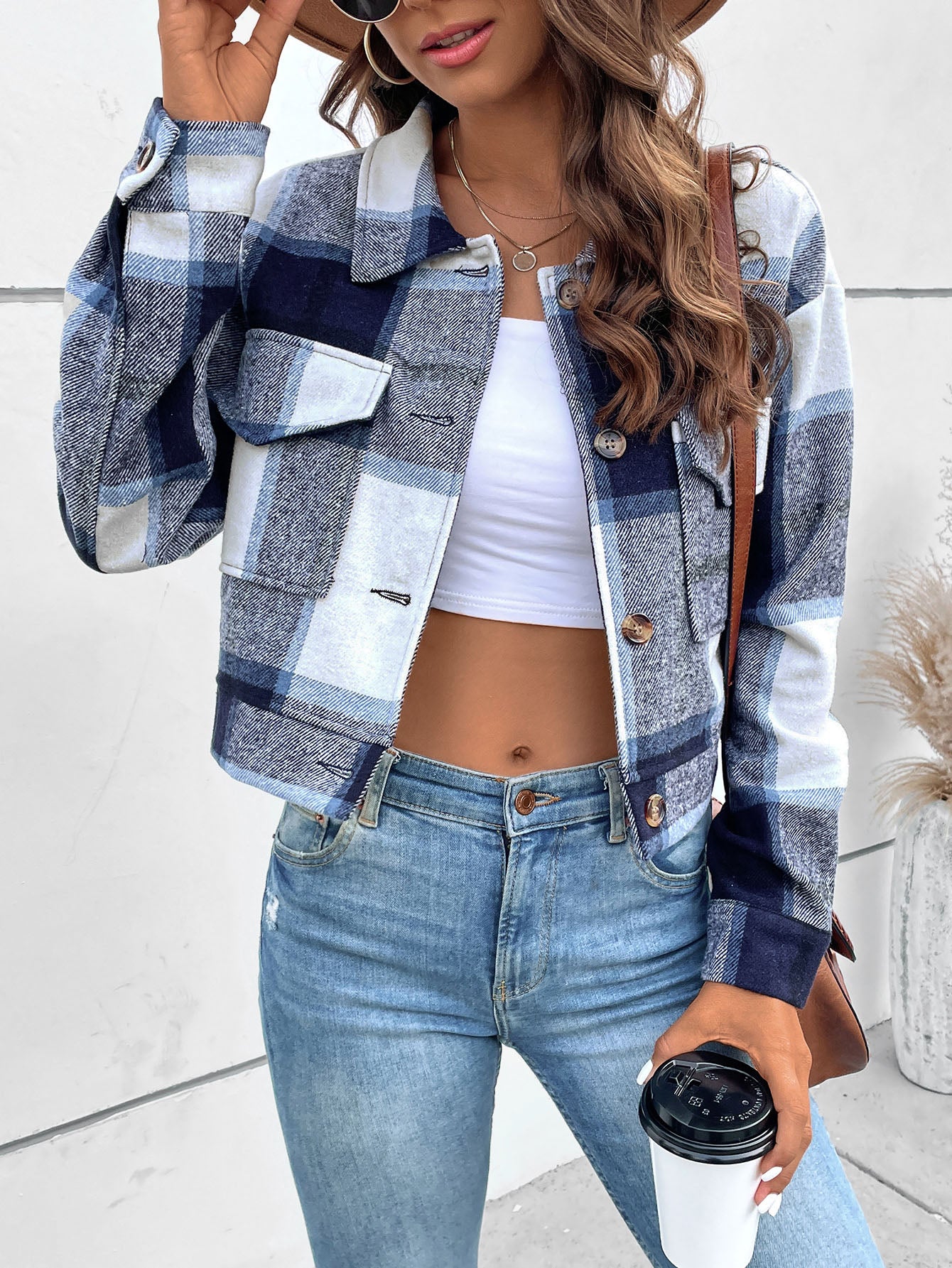 Plaid Print Flap Pocket Crop Jacket