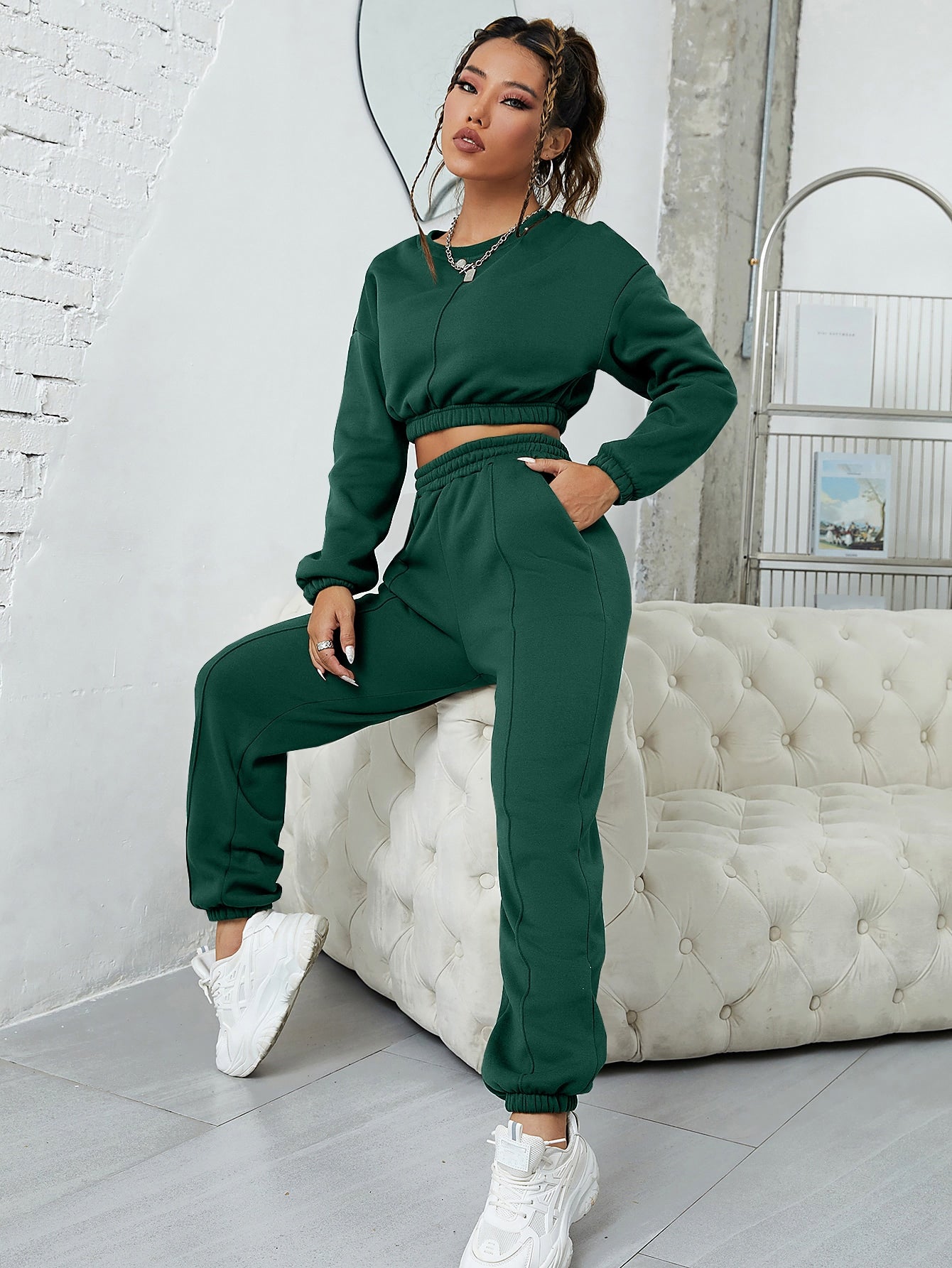 Day on the Go Solid Thermal Lined Crop Sweatshirt & Sweatpants