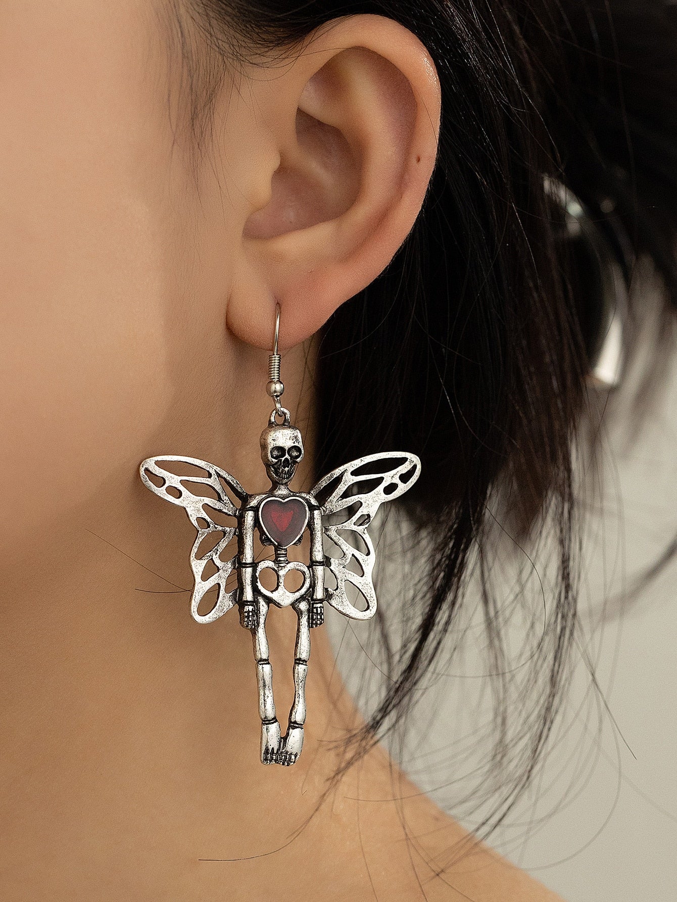 Skeleton Butterfly Heart Drop Earrings