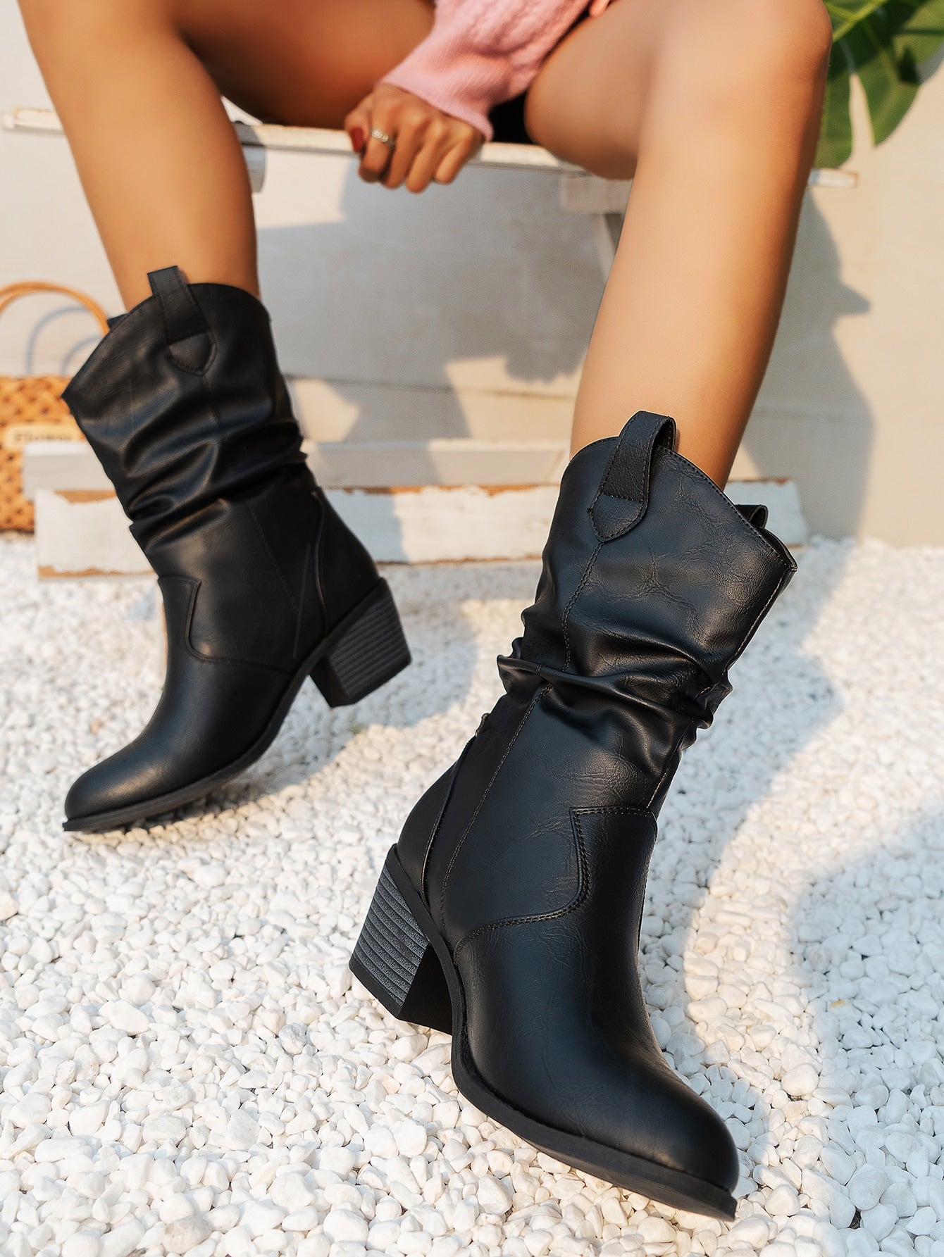 Patched Hippie Style Fashion Boots Pointed Toe Block Heel