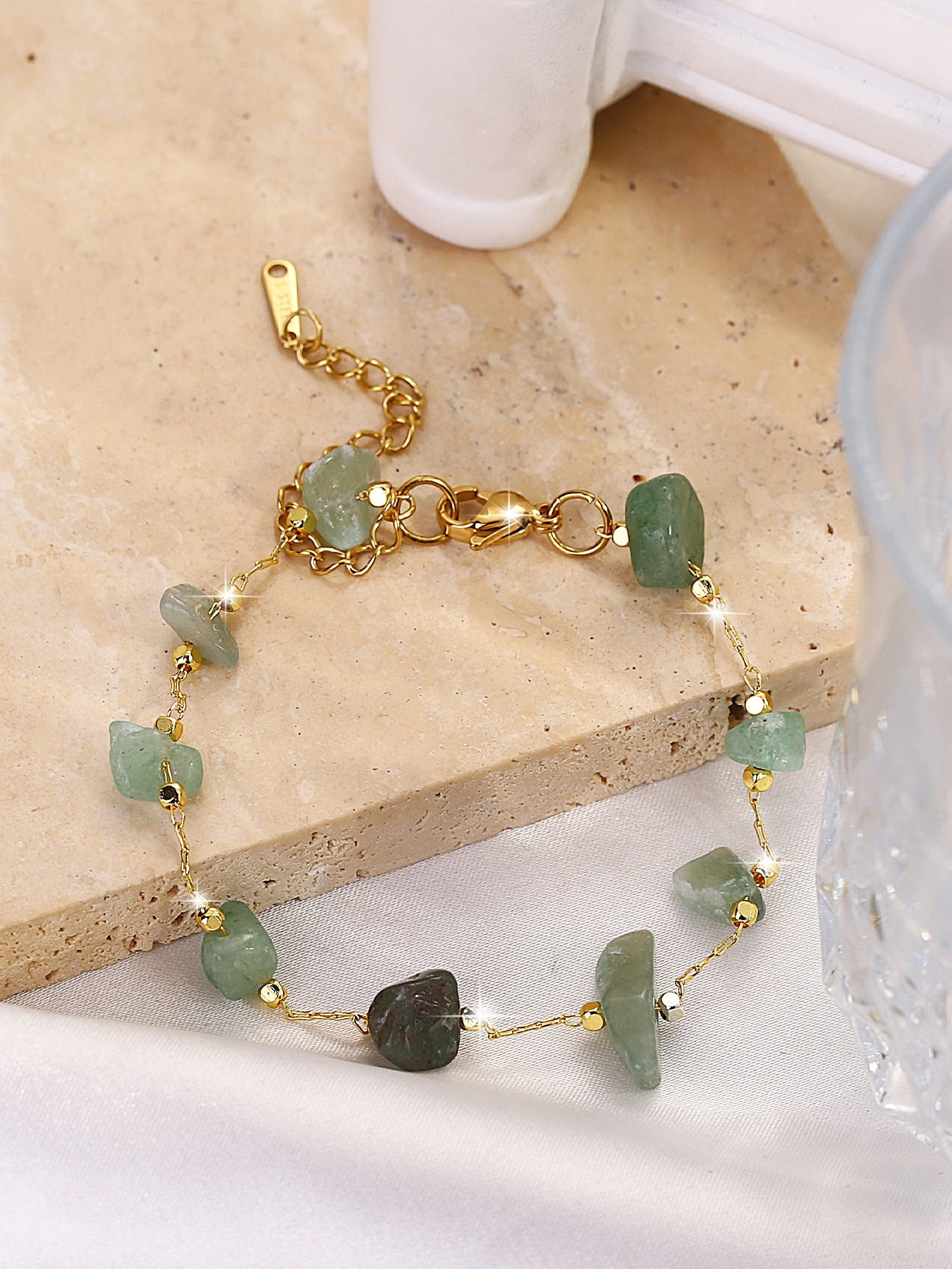 Bohemian Style Double-layer Stainless Steel Bracelet With Irregular Green Stones For(size Of Stones Vary)