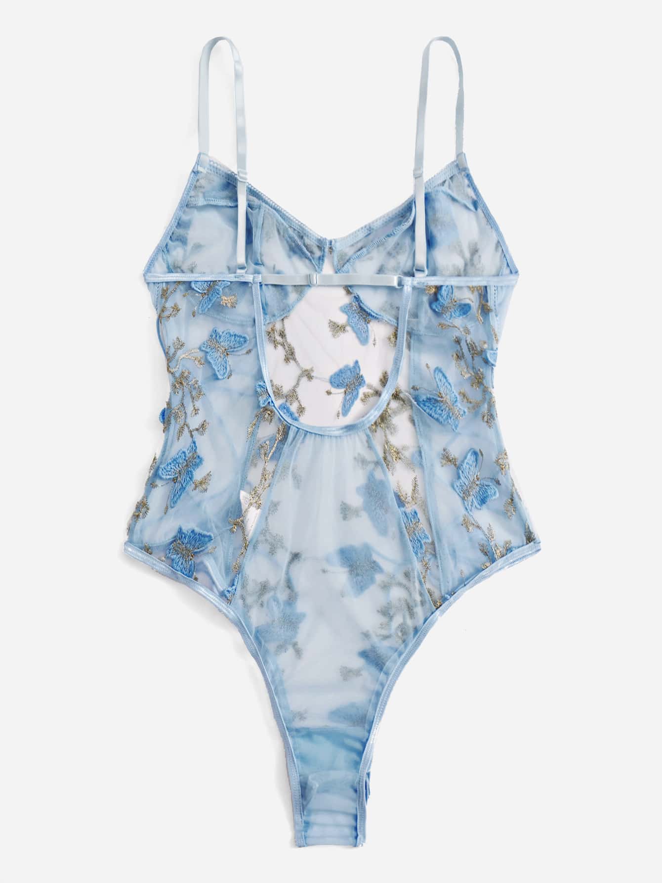 Please Me *Plus Butterfly Embroidered Mesh Lace-up Side Teddy Bodysuit