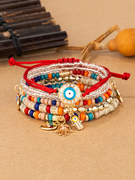 6 Piece set Eye Detail Hamsa Hand & Heart Charm Beaded Bracelet Multilayer Bracelet Set