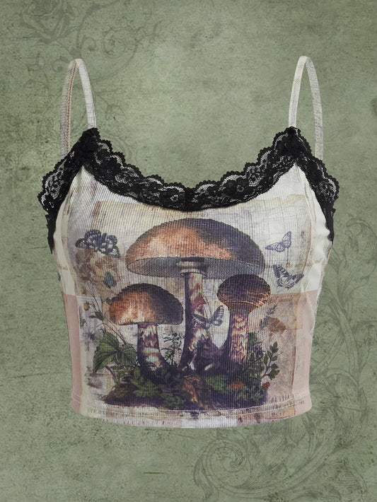 Fairycore Mushroom Print Contrast Lace Cami Top