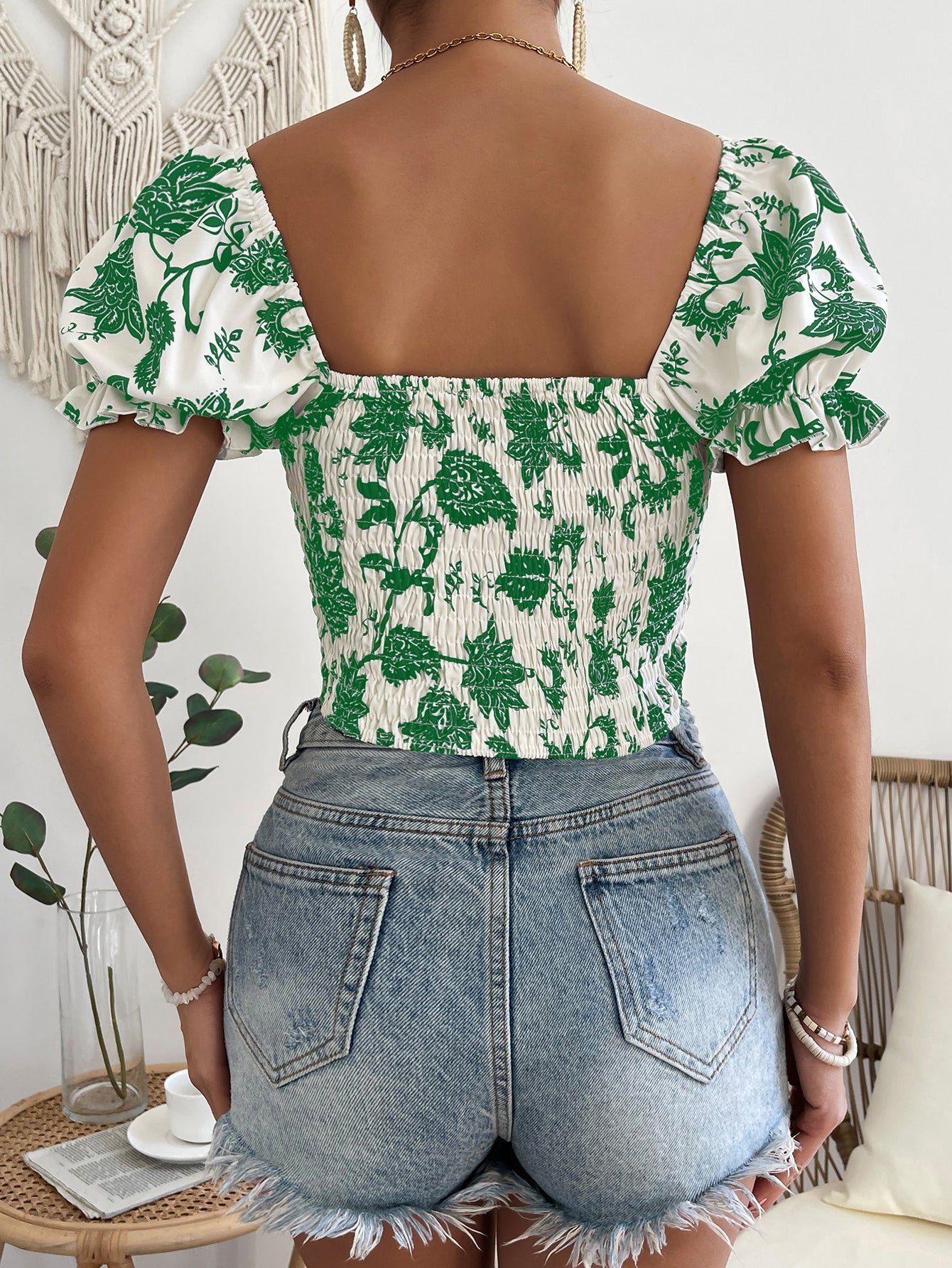 Floral Shadow Print Square Neck Puff Sleeve Blouse