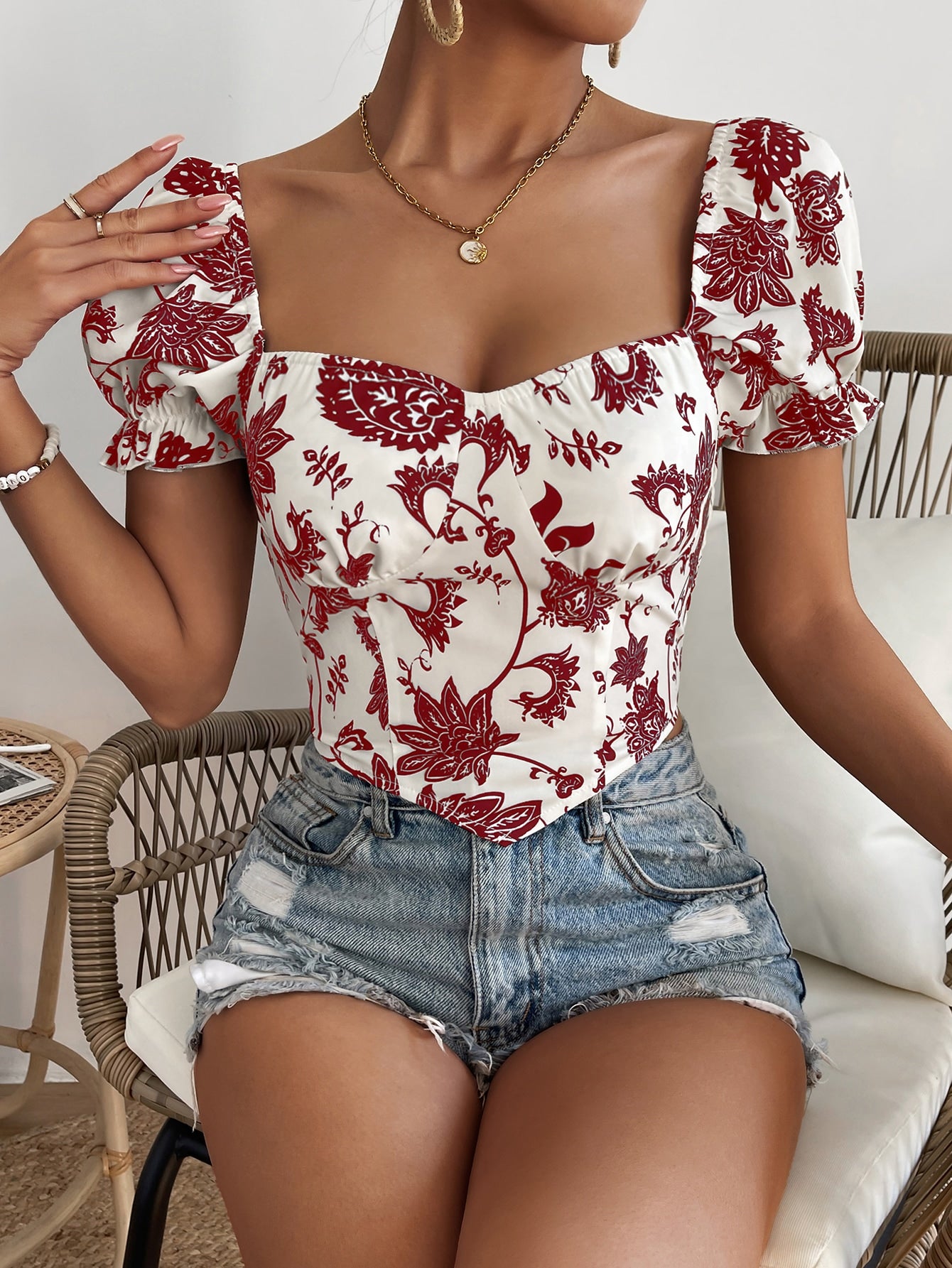 Floral Shadow Print Square Neck Puff Sleeve Blouse