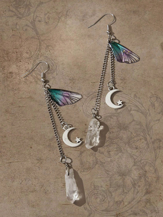 Pendientes colgantes con decoración de luna y alas de Fairycore