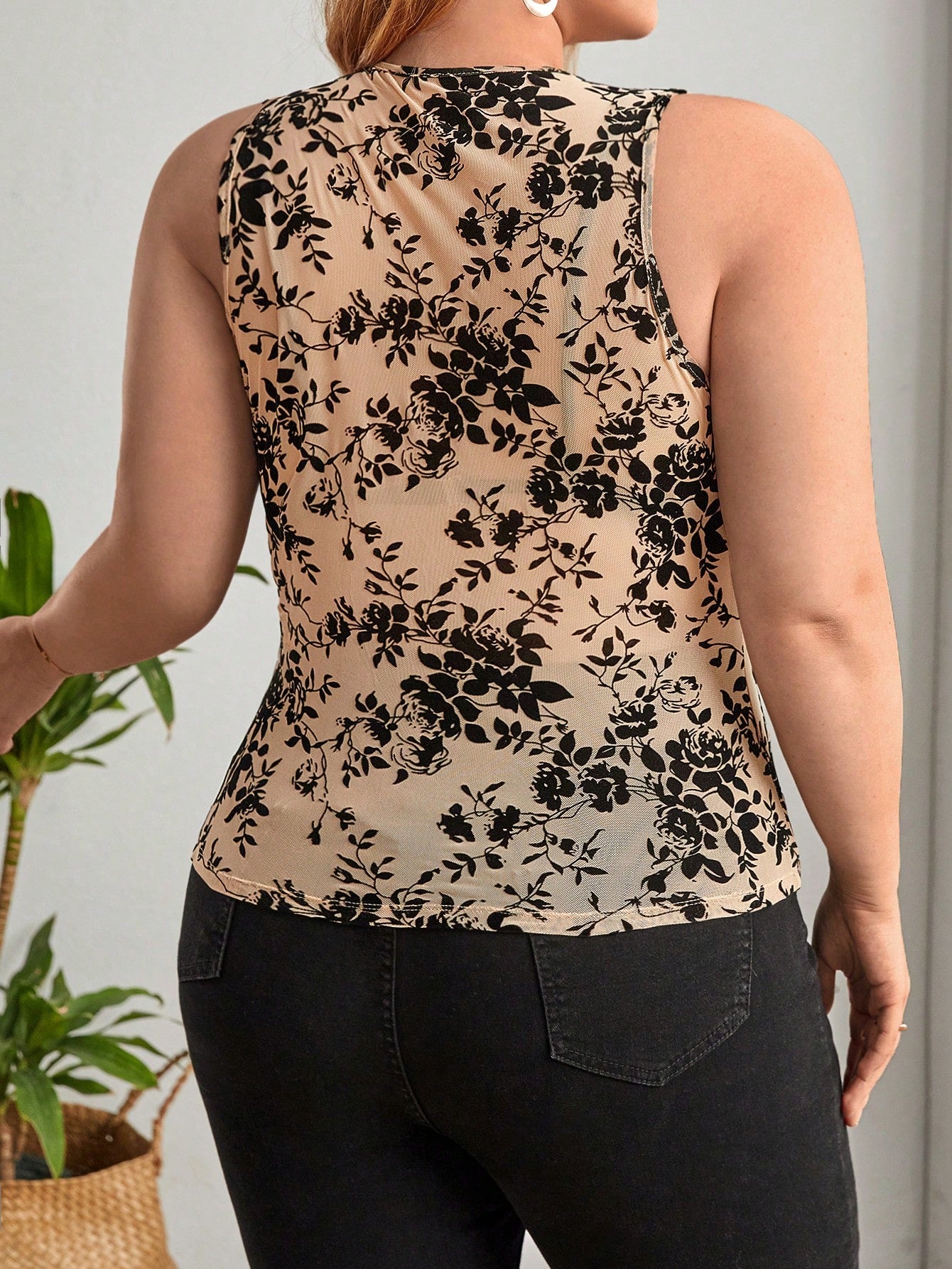 Autumn Shadows  Plus Floral Print Mesh Tank Top Without Bra