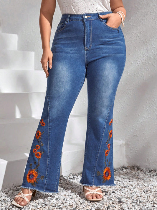 Sunflower 🌻 Plus Floral Embroidery Raw Cut Flare Leg Jeans