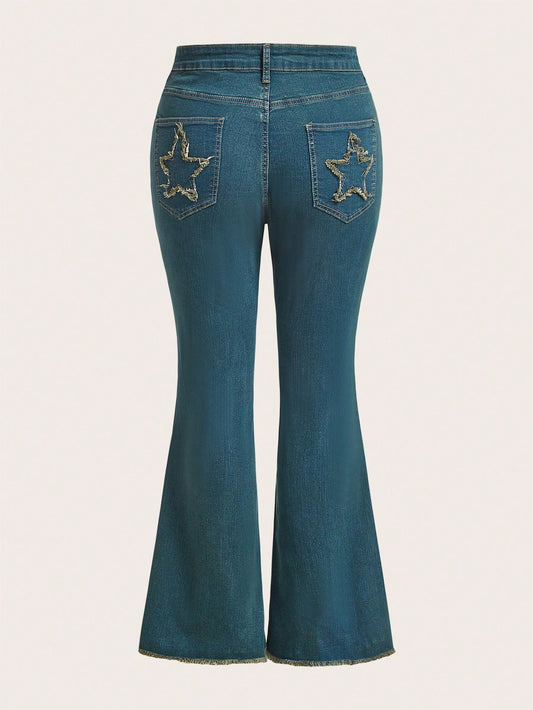 Plus* She’s a Star Embroidery Raw Hem Flare Leg Jeans