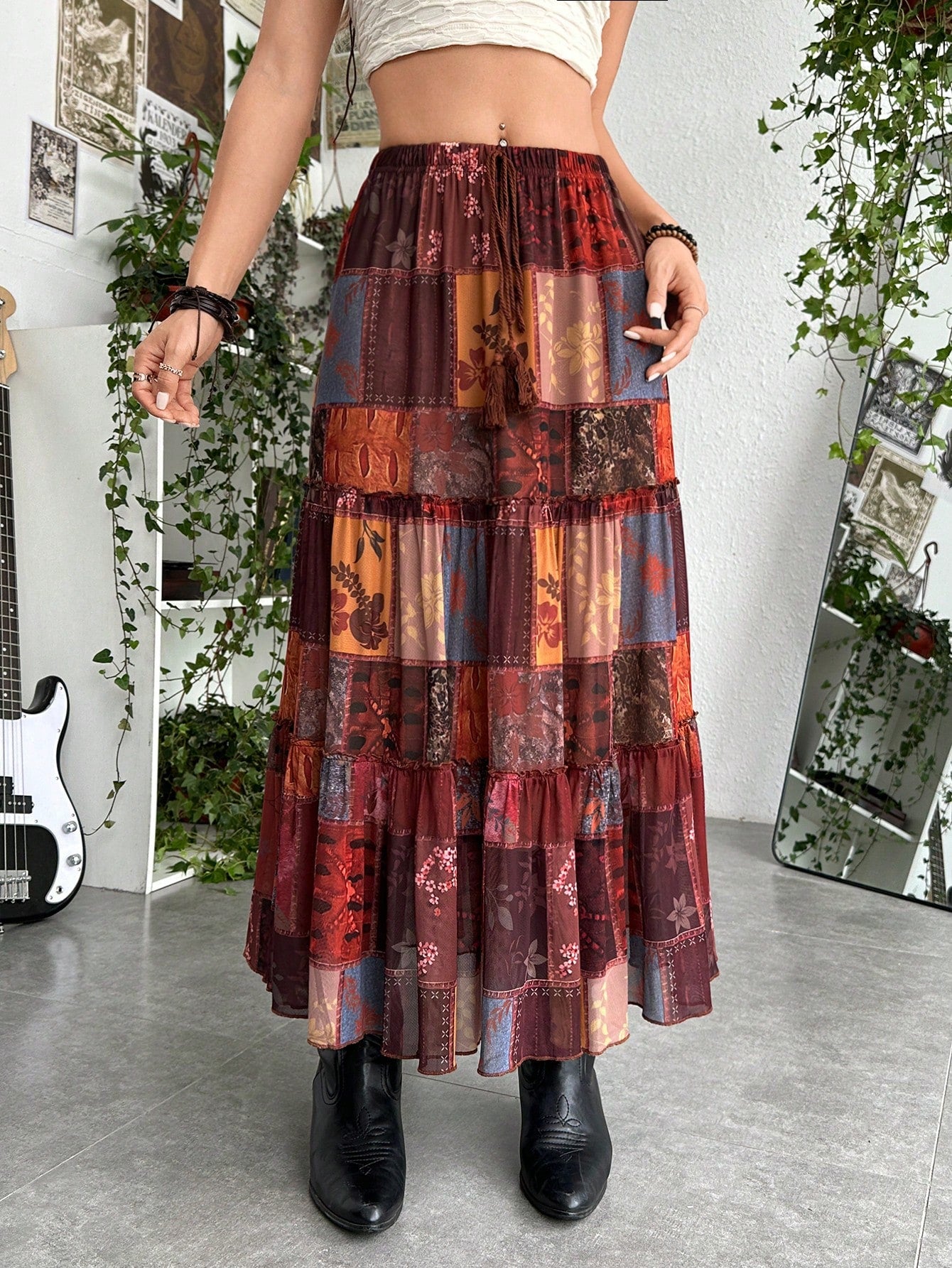 Hippie Grunge Patchwork Print Layered Hem Skirt