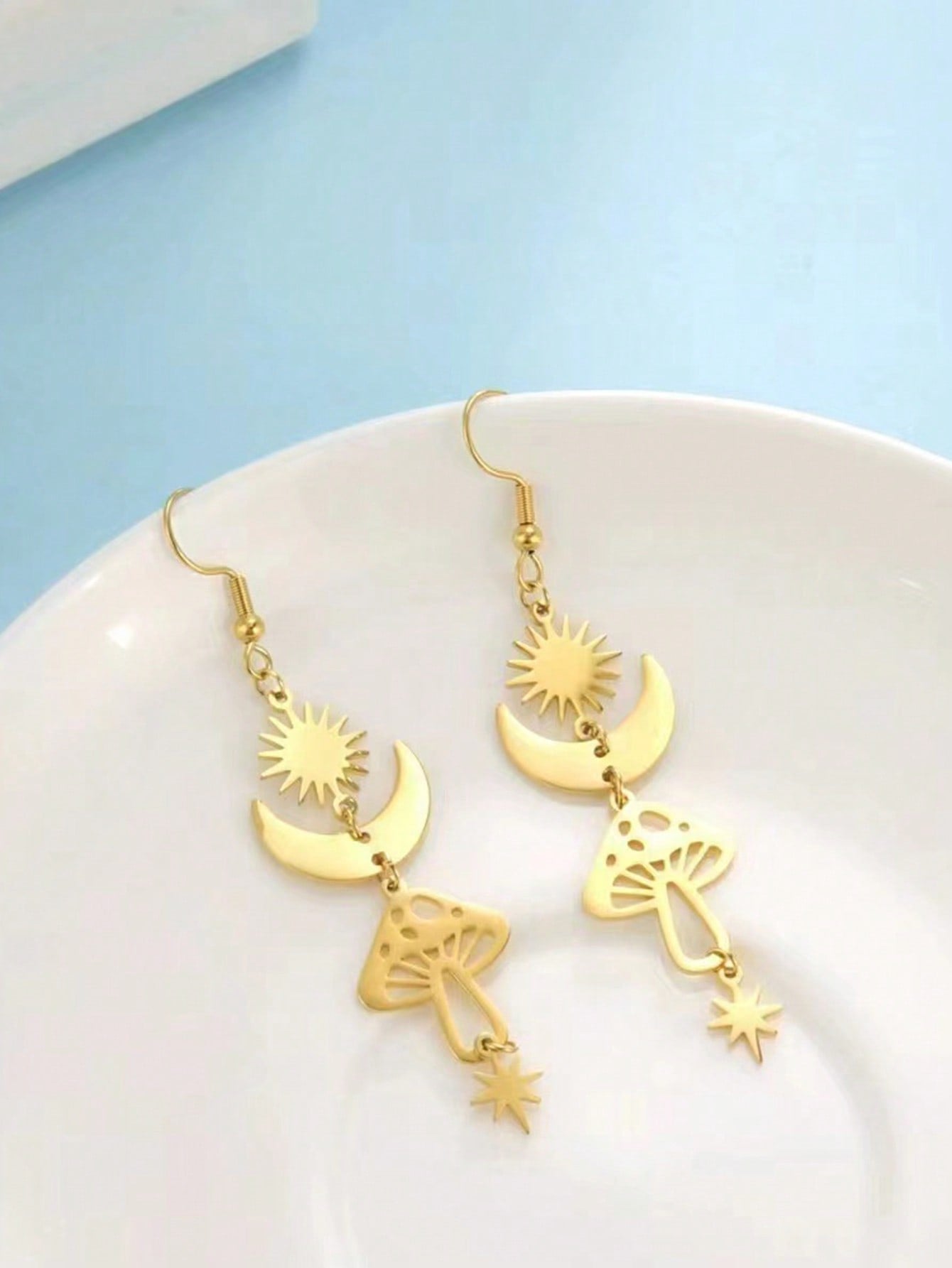 Gold Mushroom Moon Drop Earrings