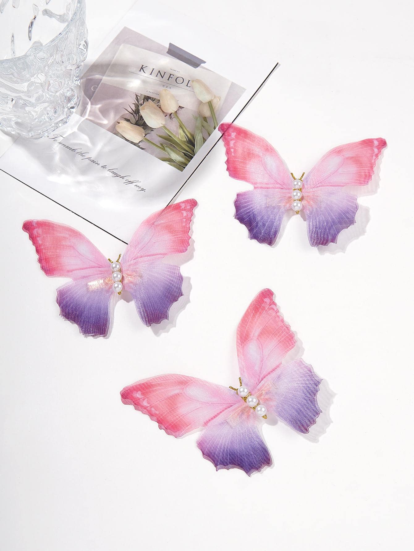 Encantadores clips de mariposa de tul de doble capa de hoja seca Perla vintage (3 piezas)
