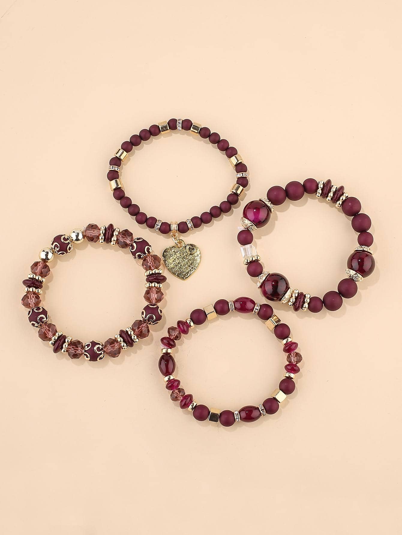 4 Piece Vintage Heart Shaped Pendant Bracelets set