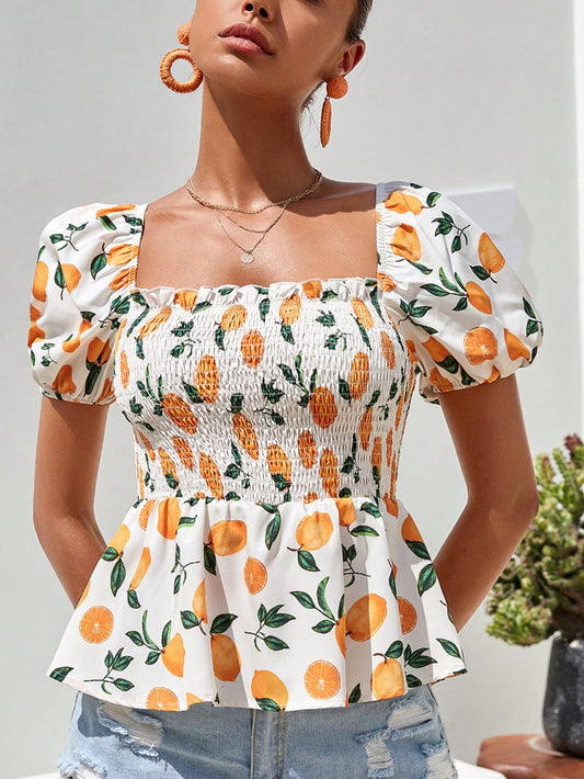 When Life Gives You Lemons 🍋 Blusa peplum con estampado de cuello cuadrado y mangas abullonadas