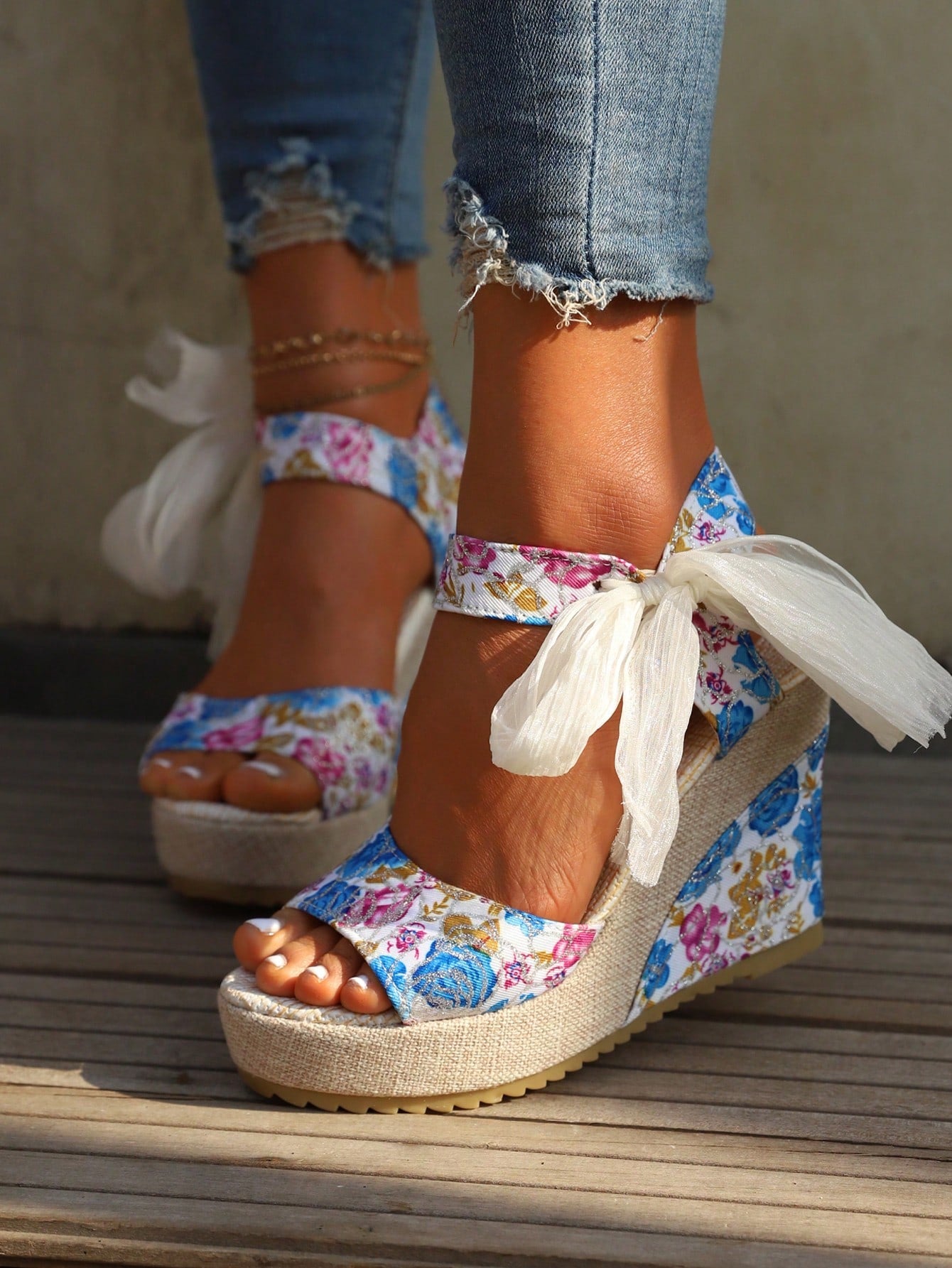 Vintage Bow Floral Ankle Strap Wedge Sandals
