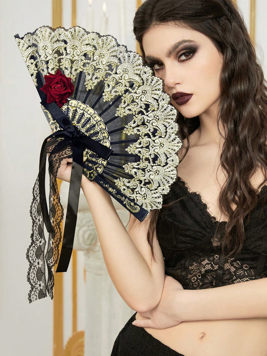 Goth Lace Trim Folding Fan