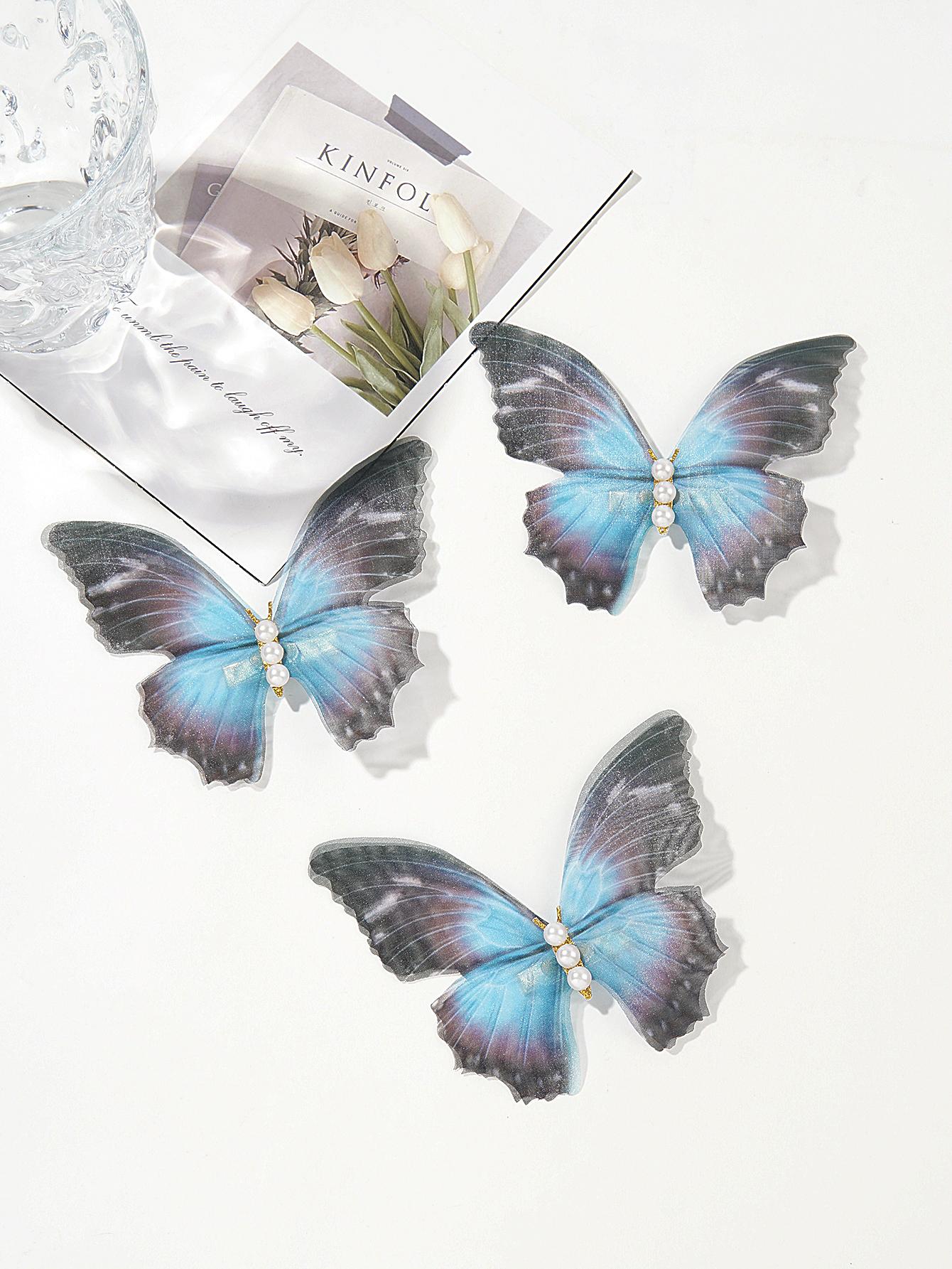 Encantadores clips de mariposa de tul de doble capa de hoja seca Perla vintage (3 piezas)