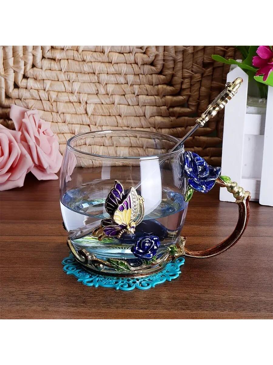 Taza de té de cristal con mariposa rosa encantada, café, 1 pieza
