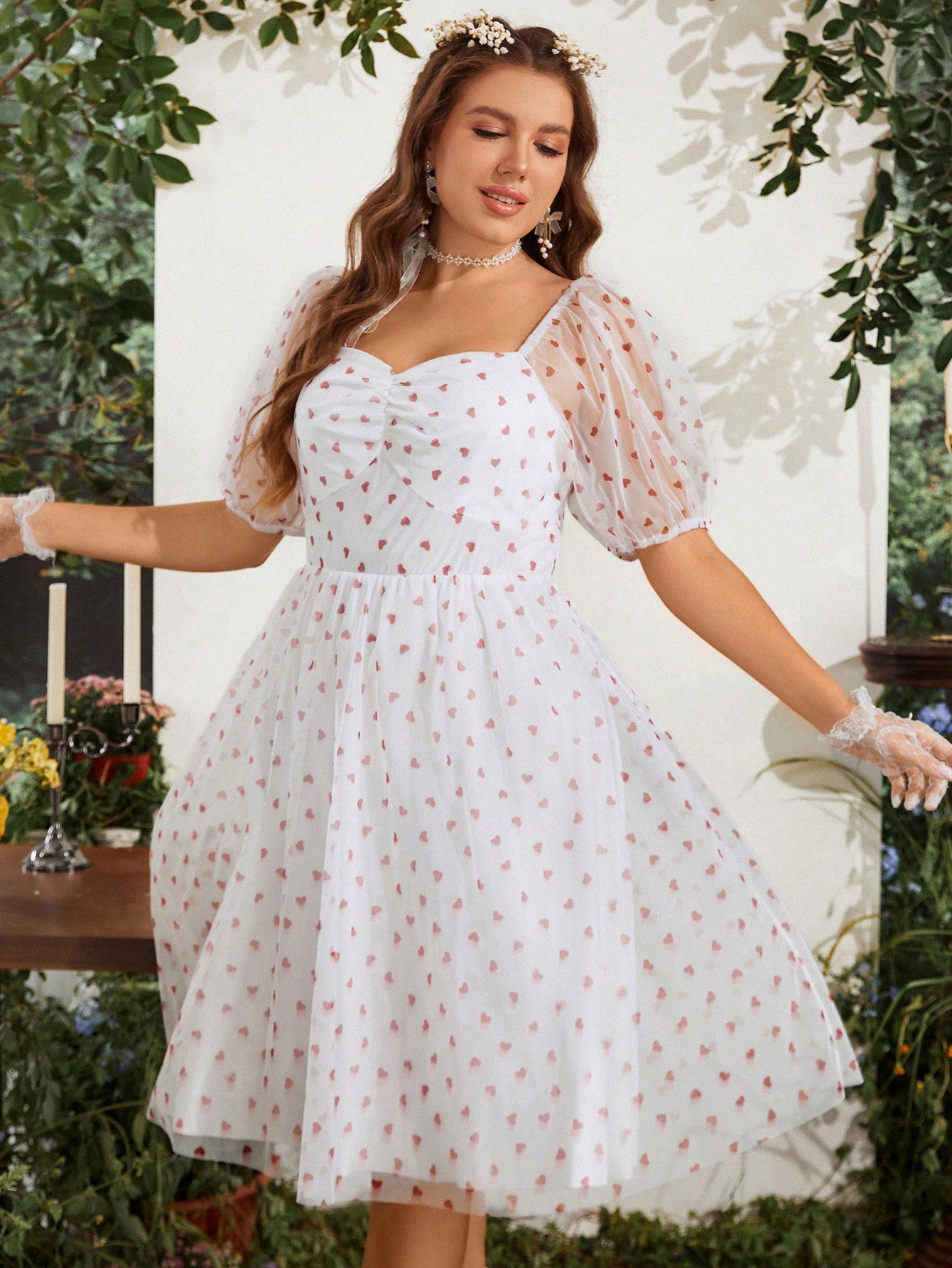 My Heart Will Go On  Plus Heart Print Ruched Bust Mesh Overlay Dress