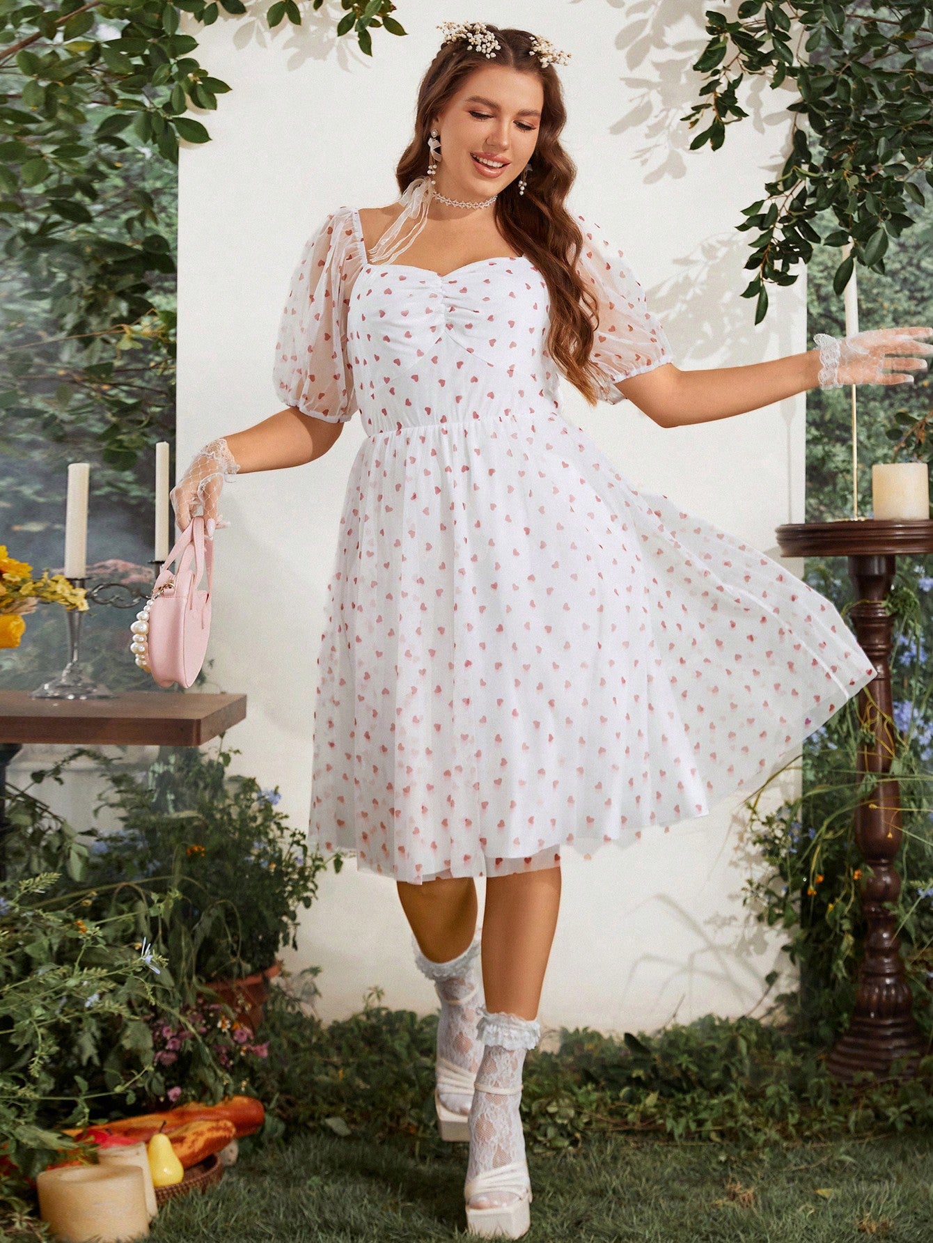 My Heart Will Go On  Plus Heart Print Ruched Bust Mesh Overlay Dress