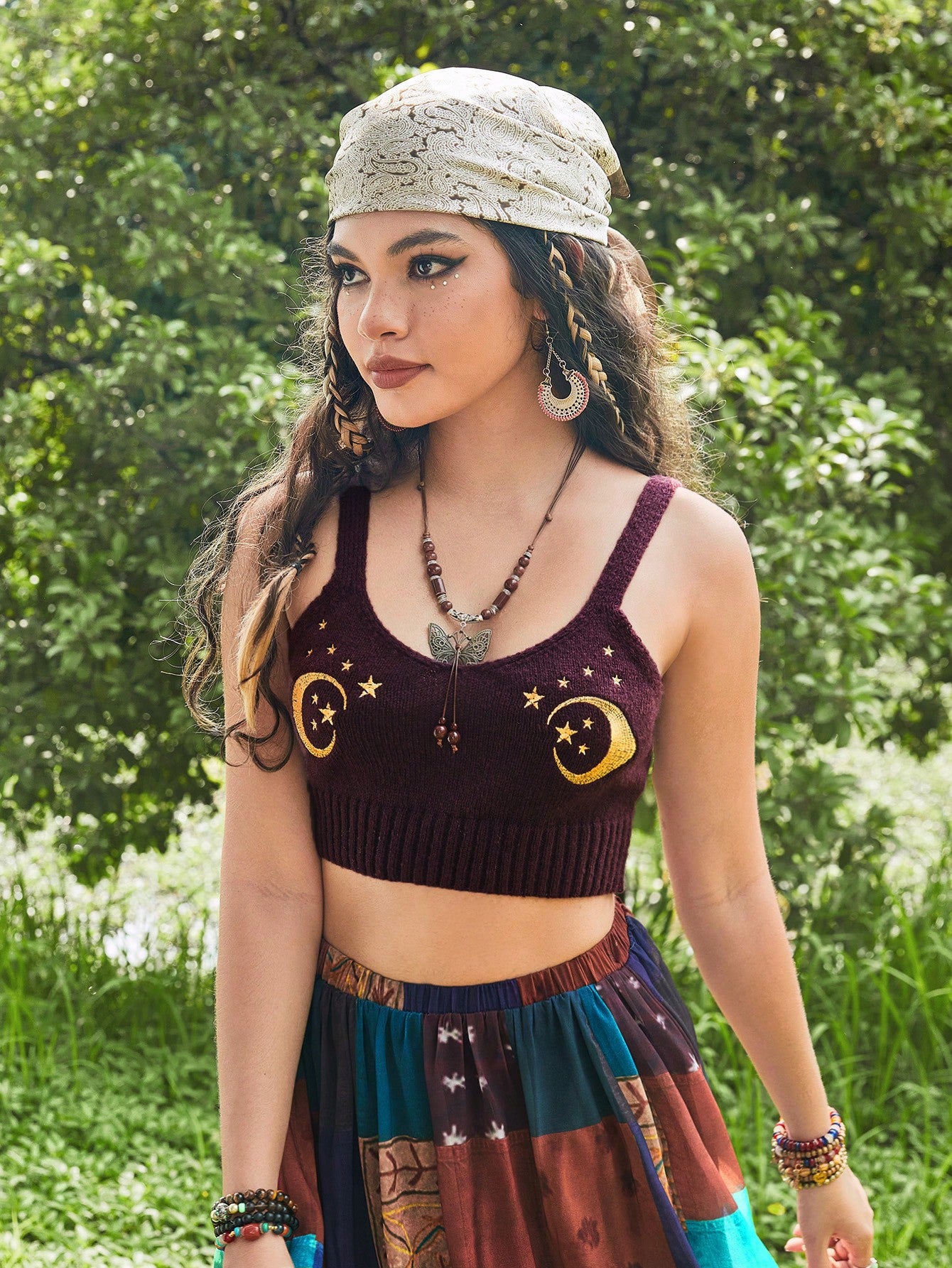 Hippie Moon Star Embroidery Cami Knit Top