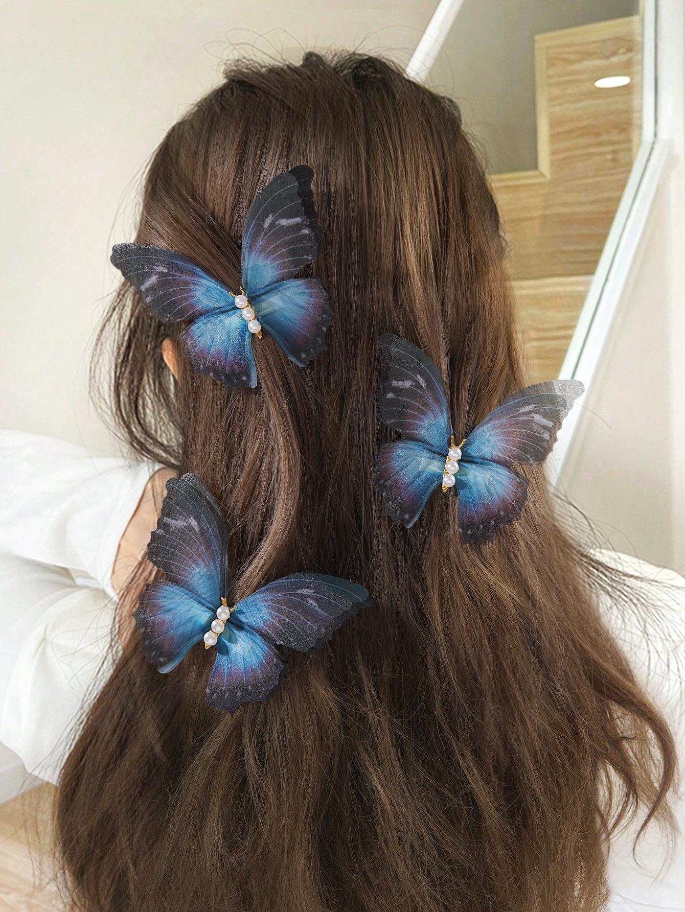 Enchanting Dry Leaf Double Layer Tulle Butterfly clips Vintage Pearl (3pc)