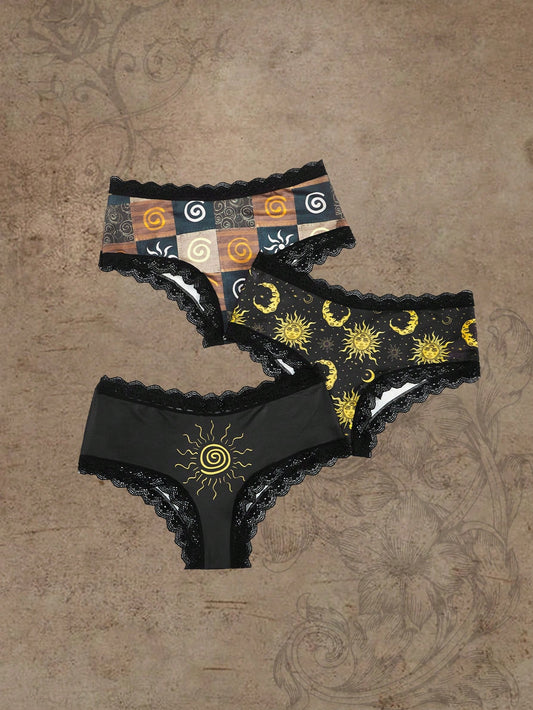 Vibing Underneath Hippie 3pack Sun & Moon Print Contrast Lace Brief