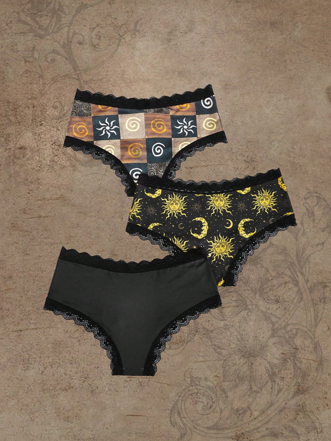 Vibing Underneath Hippie 3pack Sun & Moon Print Contrast Lace Brief