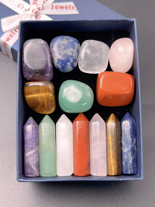 Piedra de cristal natural pulida caída de chakras, caja de regalo de punto terminado único, juego de 14 piezas, energía de equilibrio de meditación