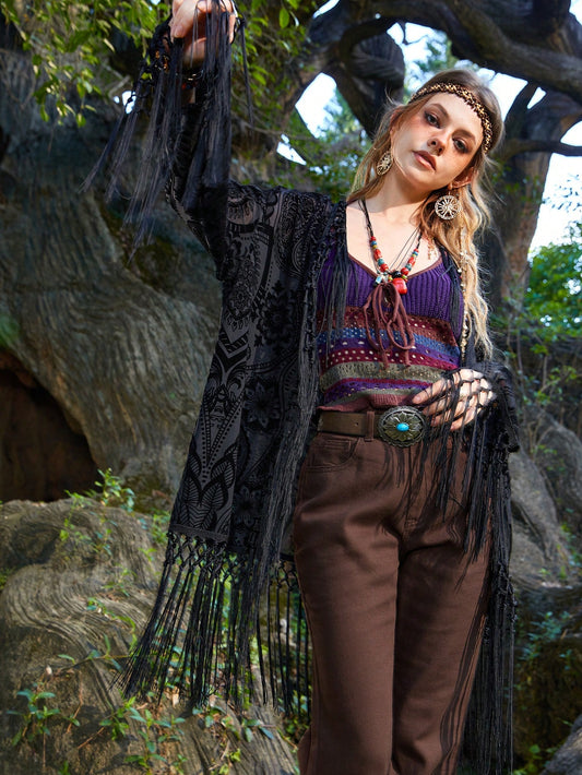 Dark Hippie Paisley Print Fringe Hem Mesh Top