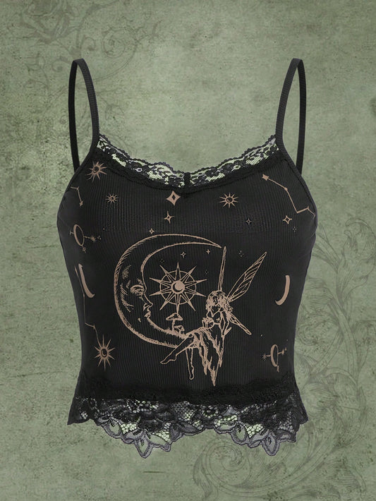 Pixie Sun & Moon Graphic Contrast Lace Cami Top