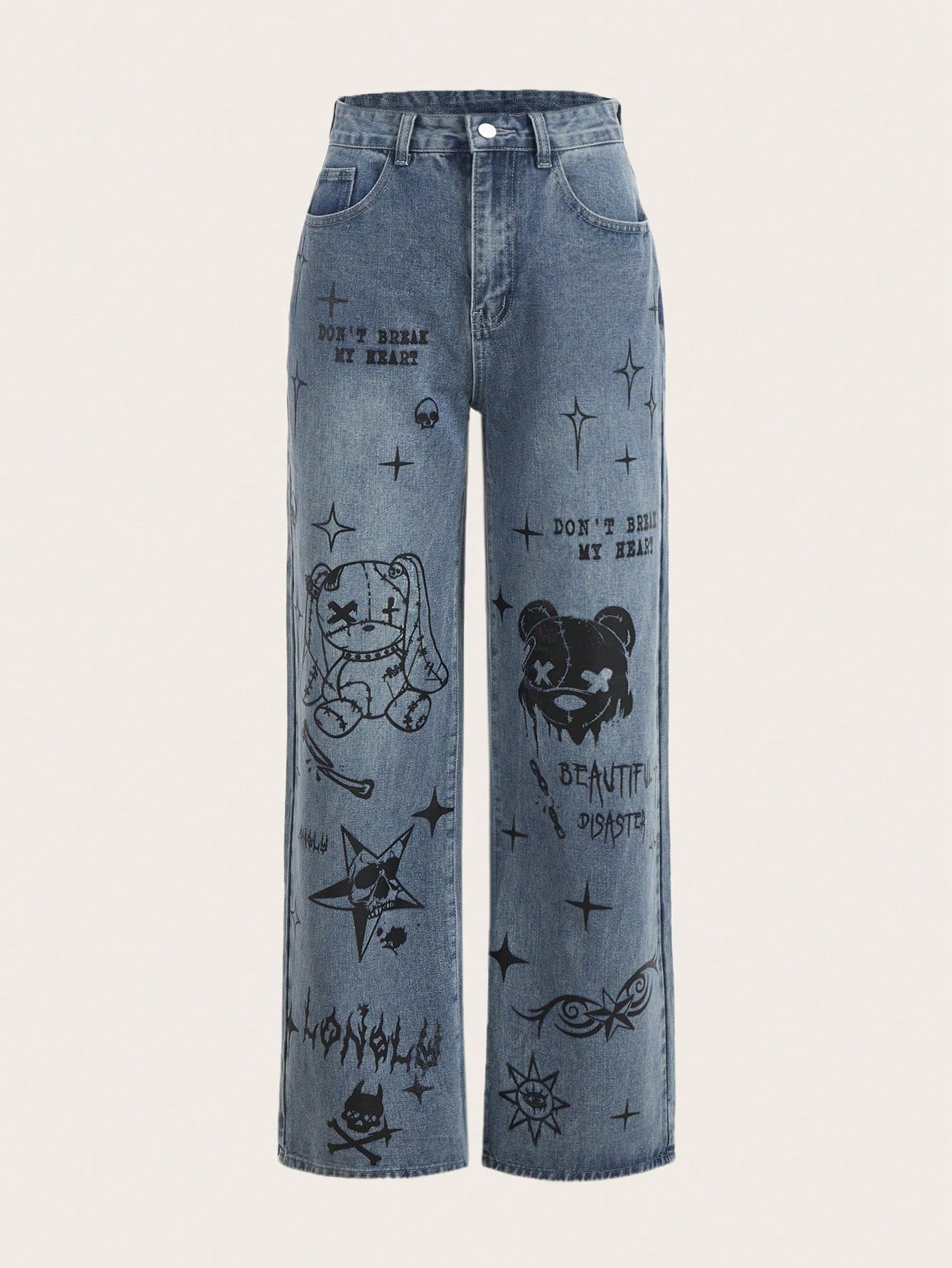 Grunge Punk Graphic Straight Leg Jeans