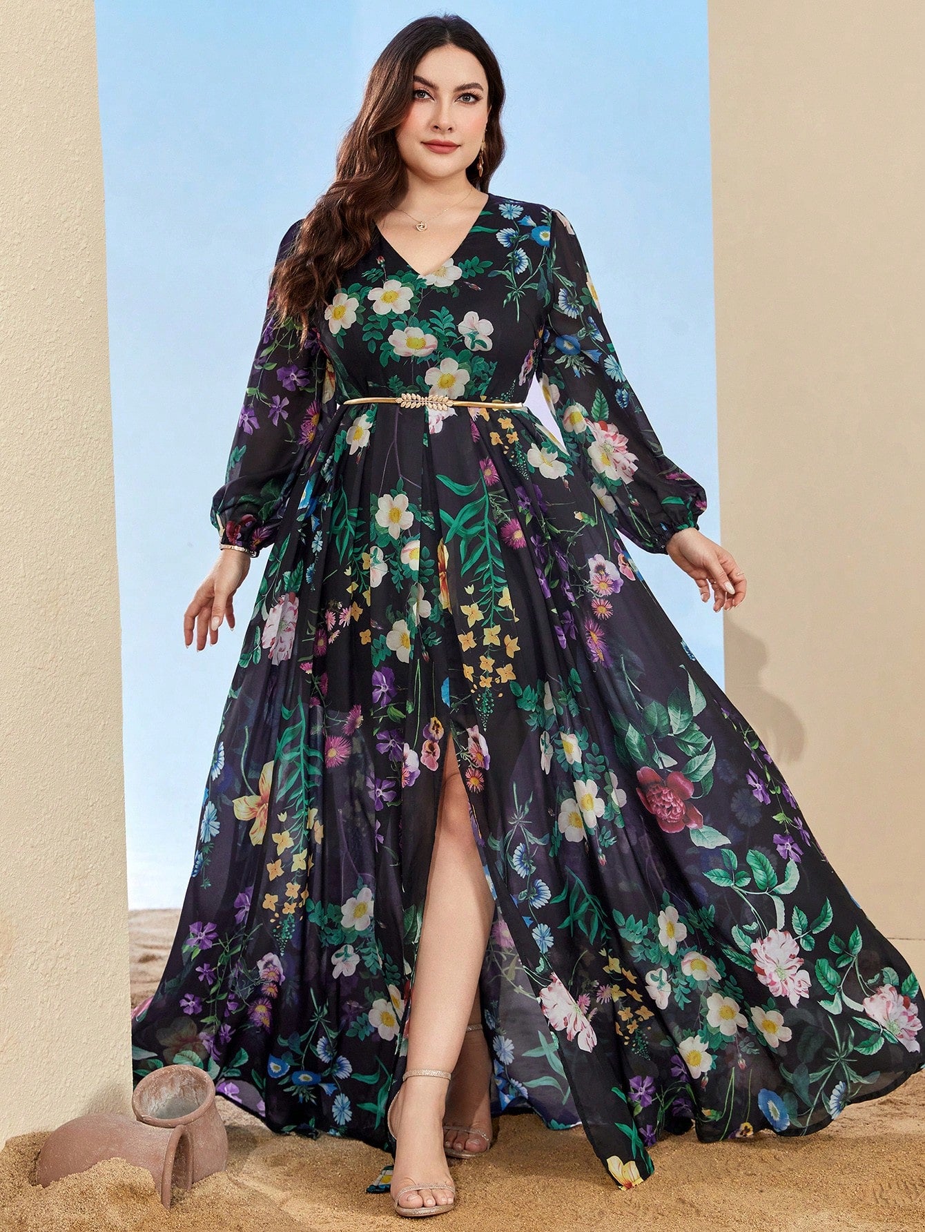 Plus Floral Print Lantern Sleeve Split Thigh Chiffon Dress Without Belt