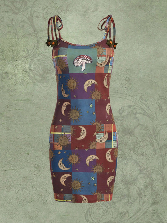 Ditzy Daisy Hippie Patchwork Print Tie Shoulder Cami Dress