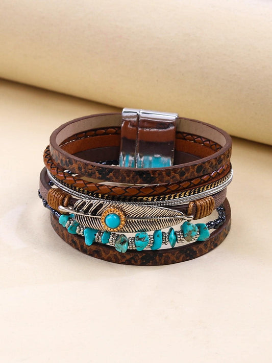 Braided Leather Feather Bracelet Vintage Bohemian Green Turquoise Stone & Magnetic Clasp