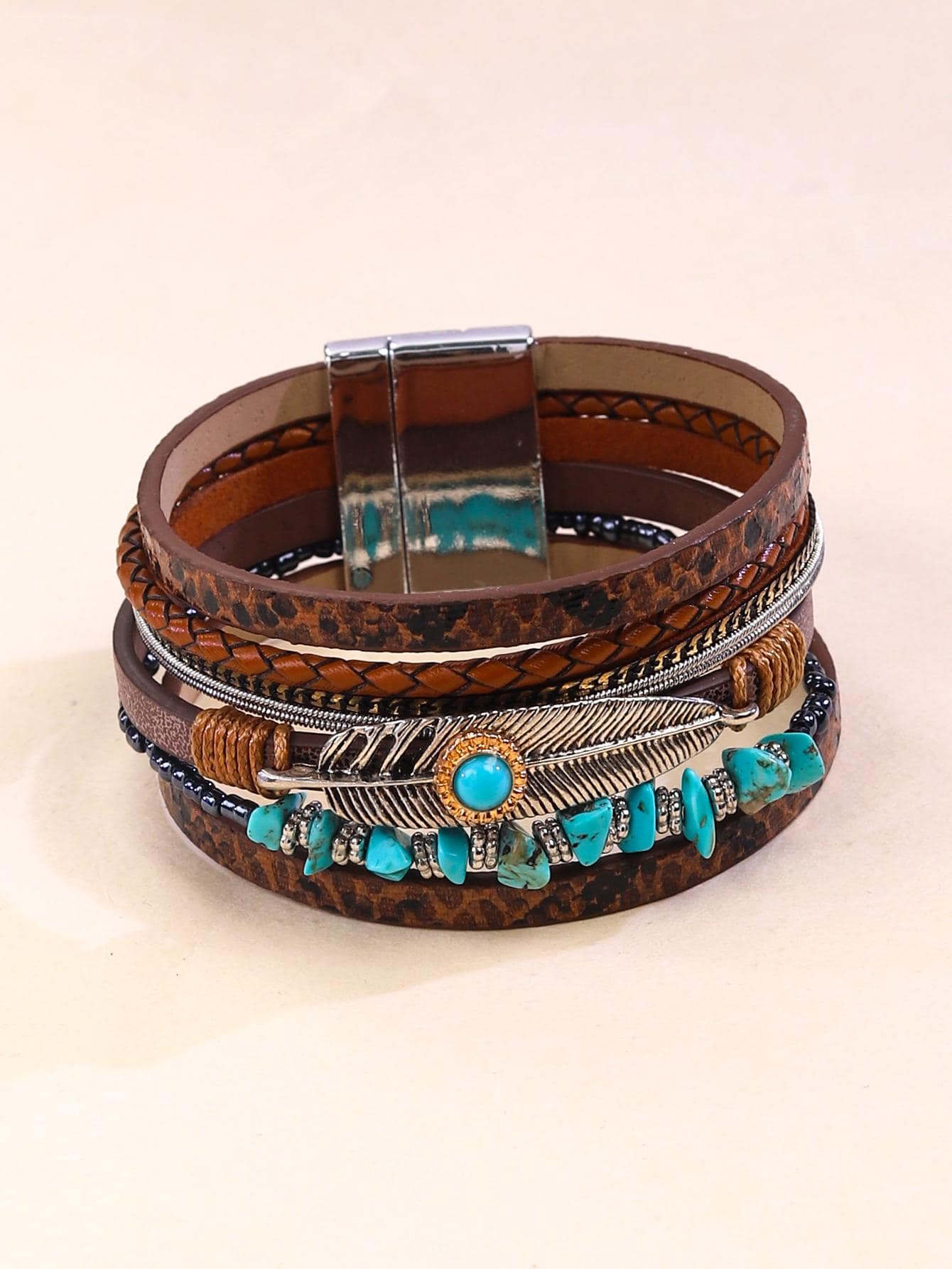 Braided Leather Feather Bracelet Vintage Bohemian Green Turquoise Stone & Magnetic Clasp