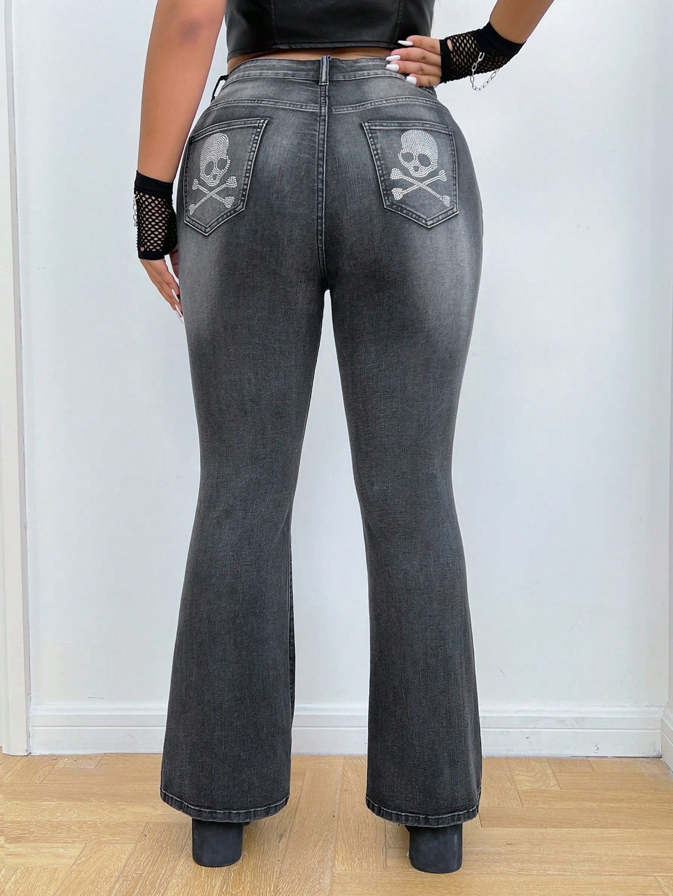 PUNK **Plus** Skull Print Flare Leg Jeans Without Belt