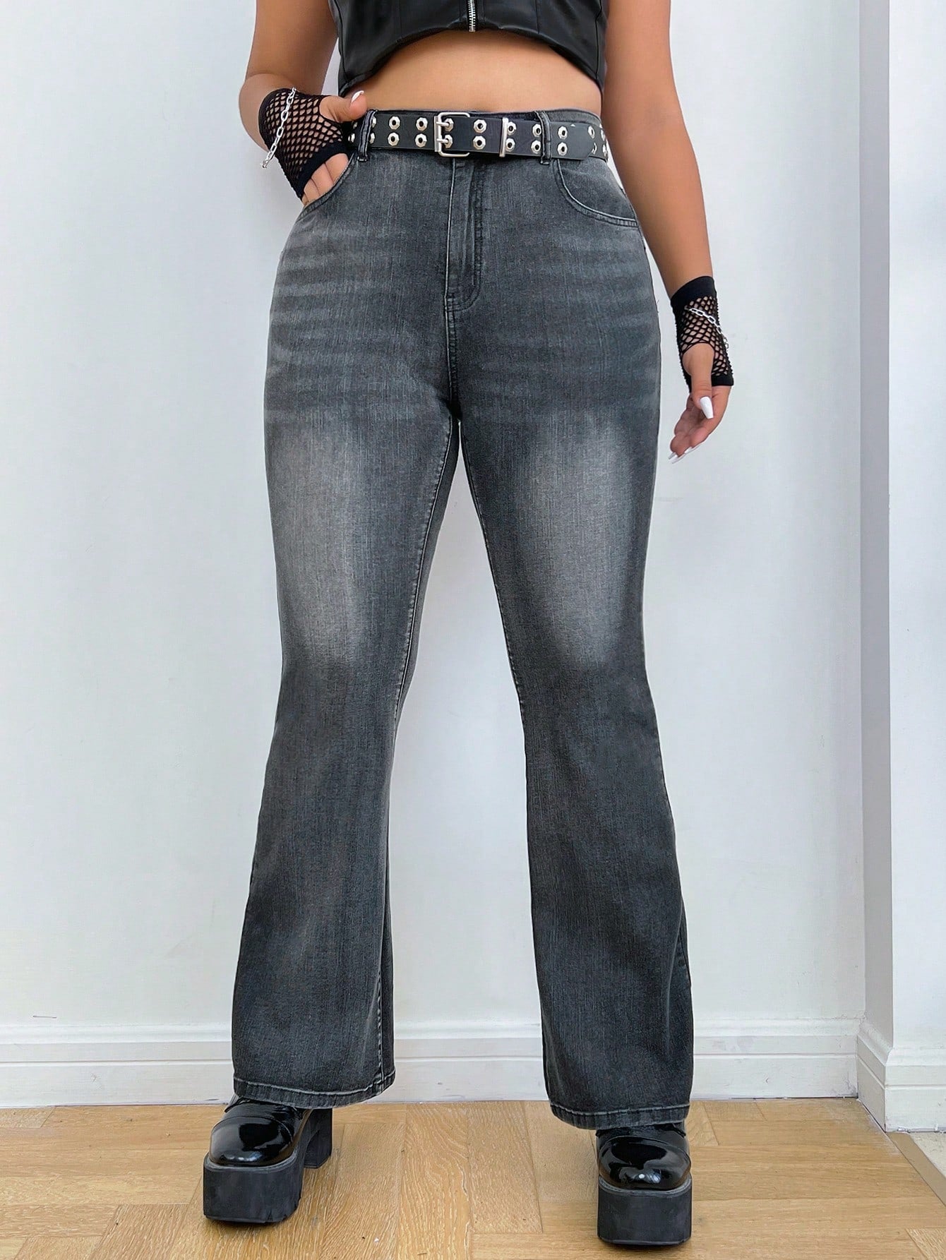 PUNK **Plus** Skull Print Flare Leg Jeans Without Belt