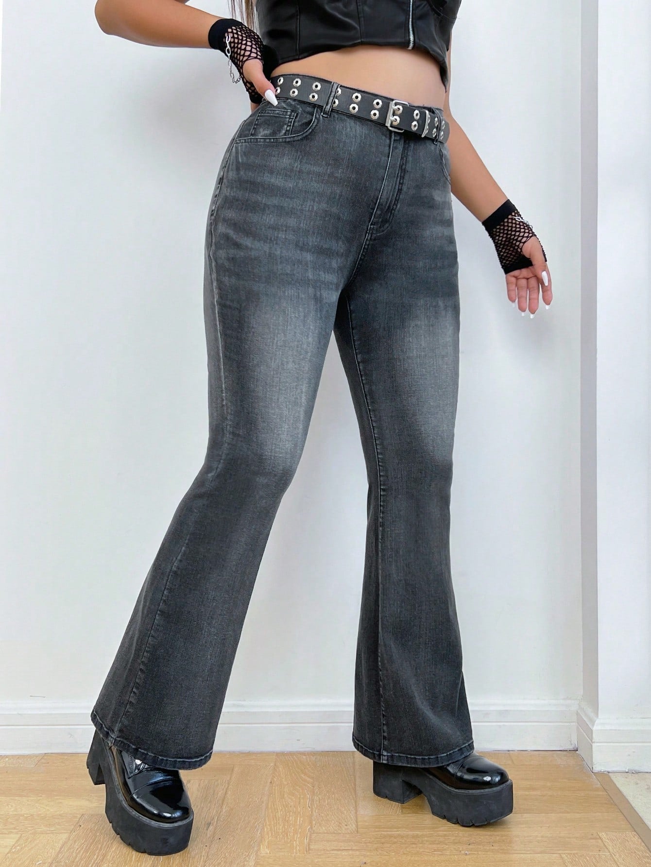 PUNK **Plus** Skull Print Flare Leg Jeans Without Belt