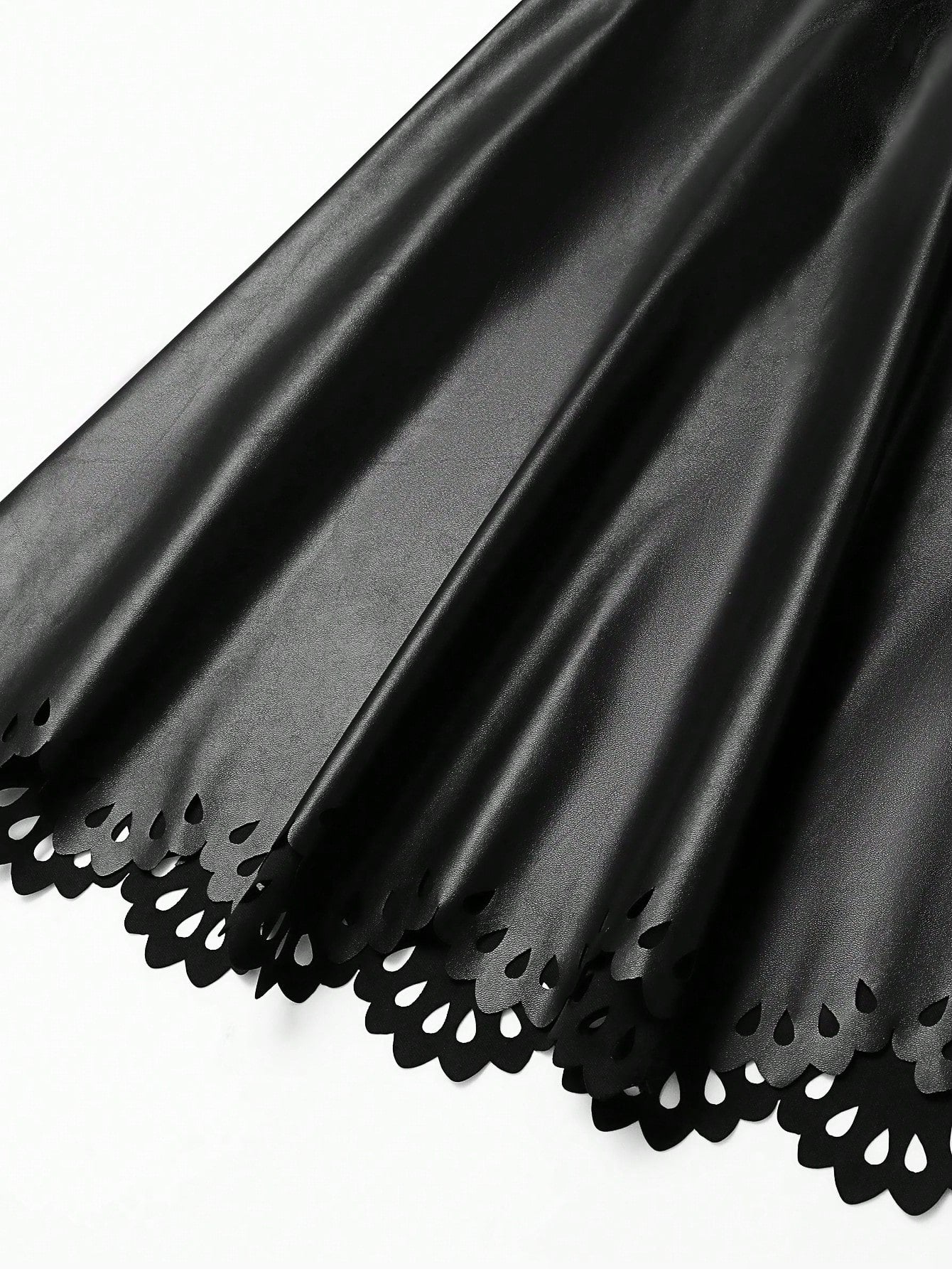 Addams Plus Laser Cut Scallop Trim PU Leather Flare Skirt